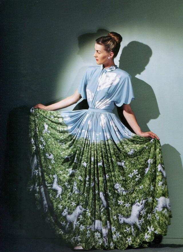 A model wearing a gown by Hollywood costume designer Adrian, 1947