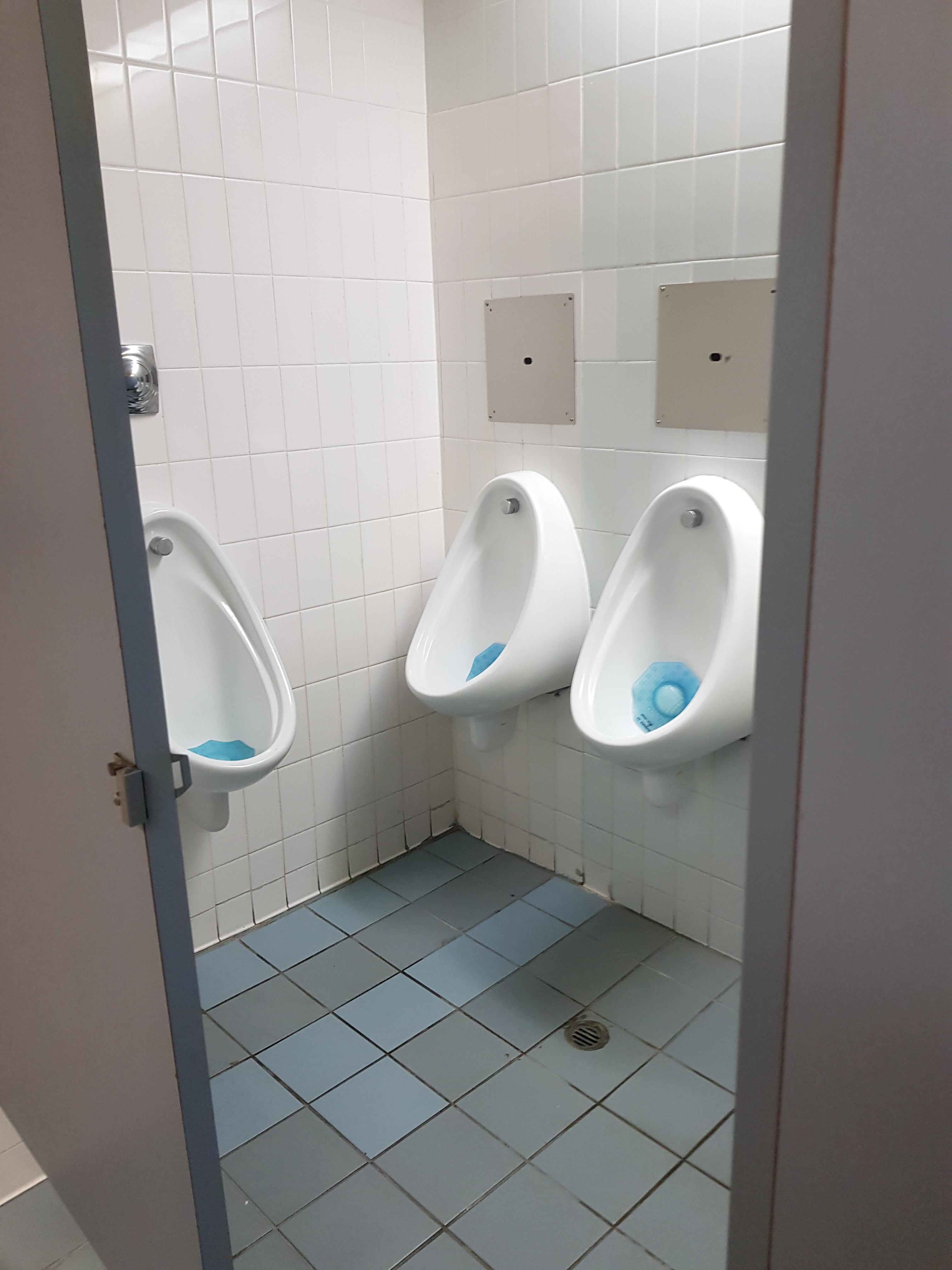 All of the urinals in this bathroom are in 1 lockable cubicle r