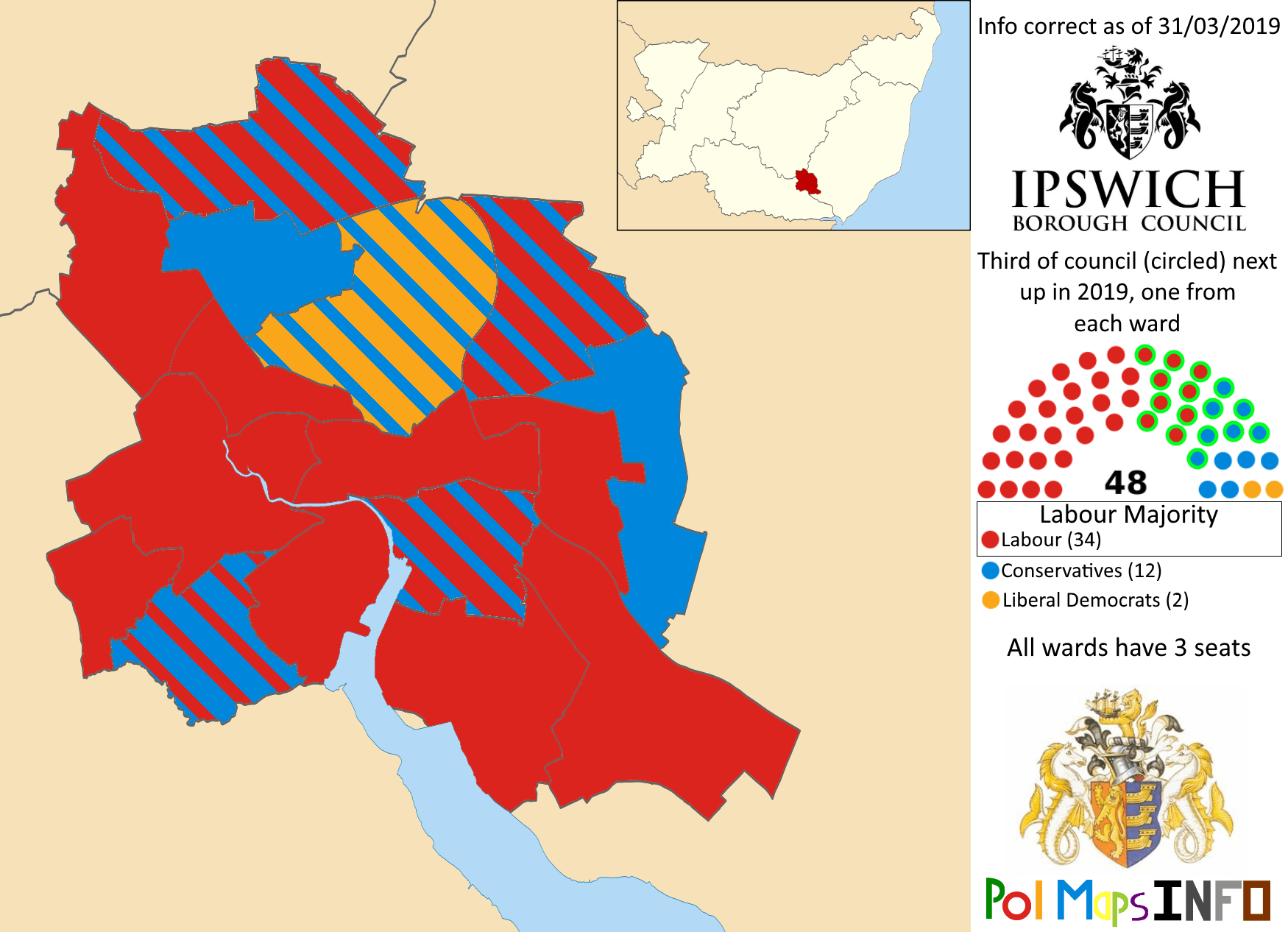 Ipswich Borough Council, Suffolk, East of England. 31/03/2019 r/PoliticalMaps