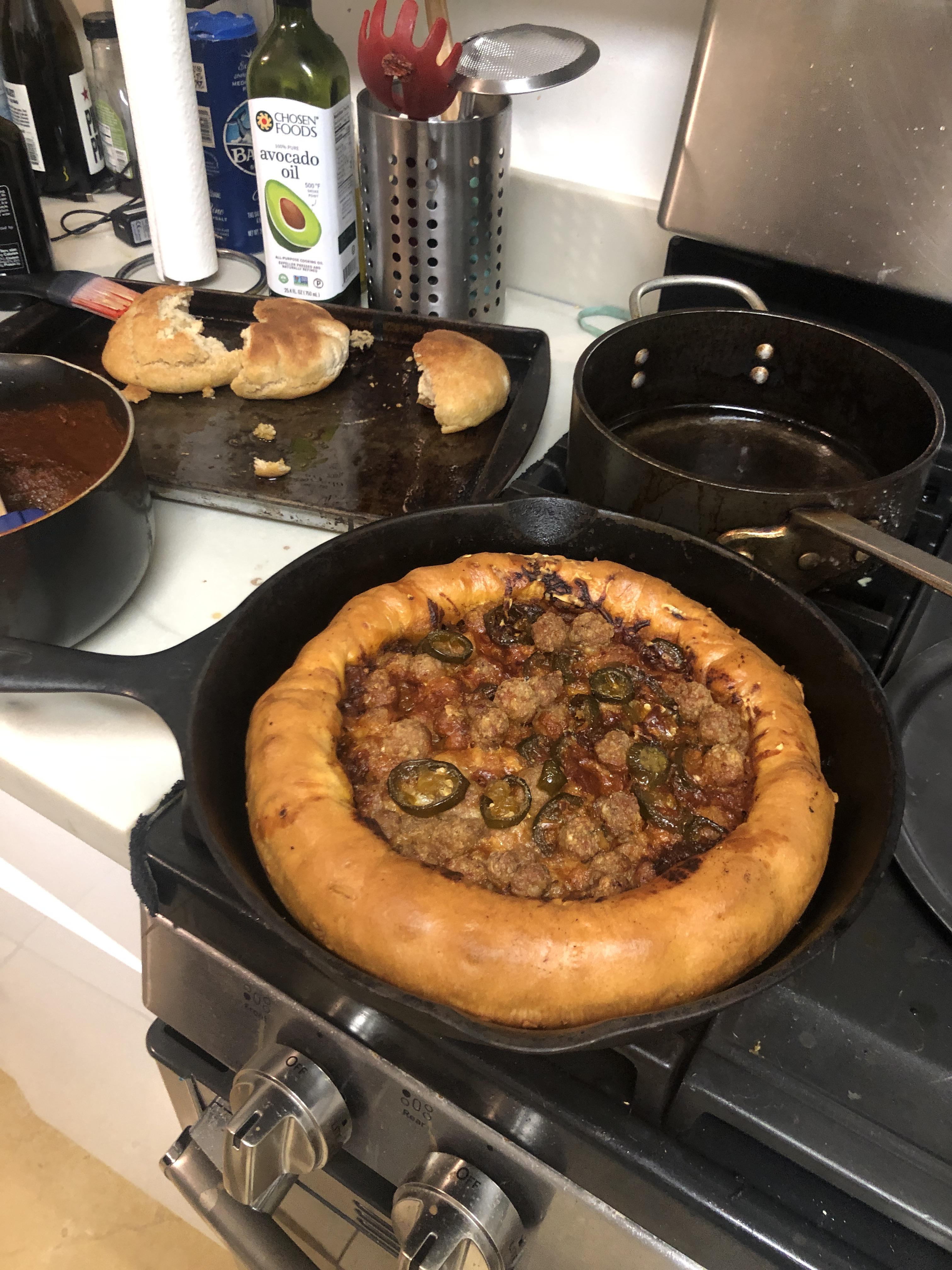 Stuffed crust sausage and jalapeño pizza with homemade roasted garlic