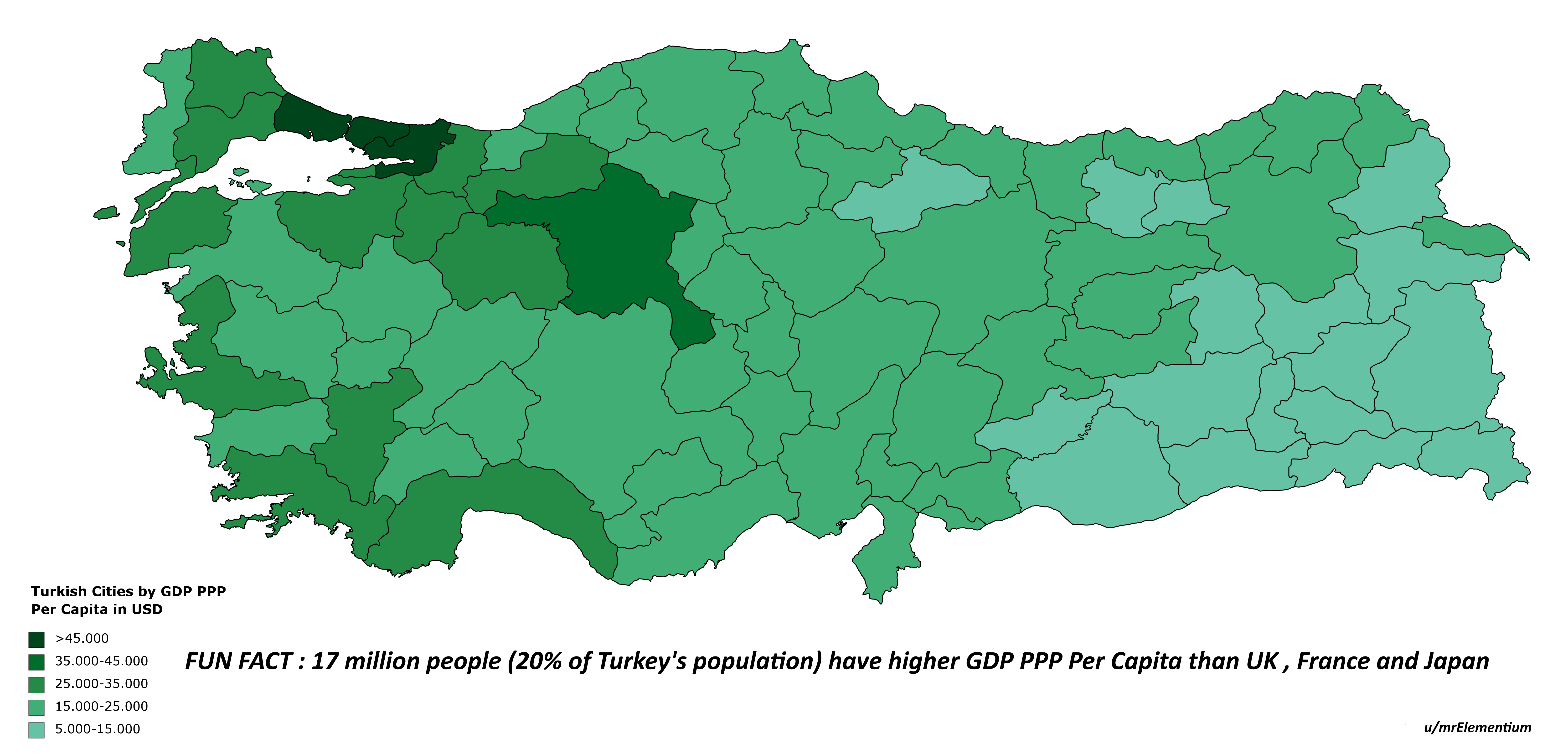 Turkish Cities by GDP PPP Per Capita (USD) [OC] r/MapPorn