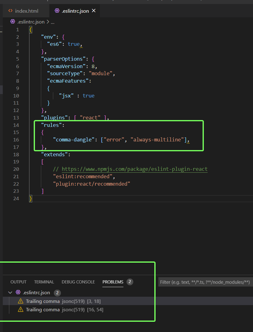 Why is eslint not detecting commadangle (I want to use dangles)? r