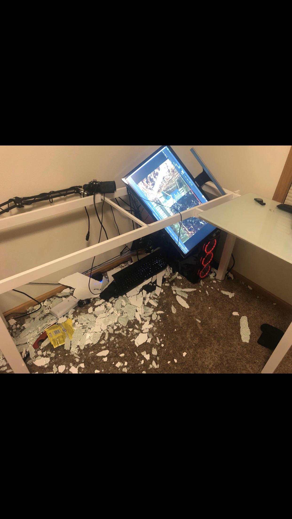 My glass computer desk randomly shattered into tiny pieces r
