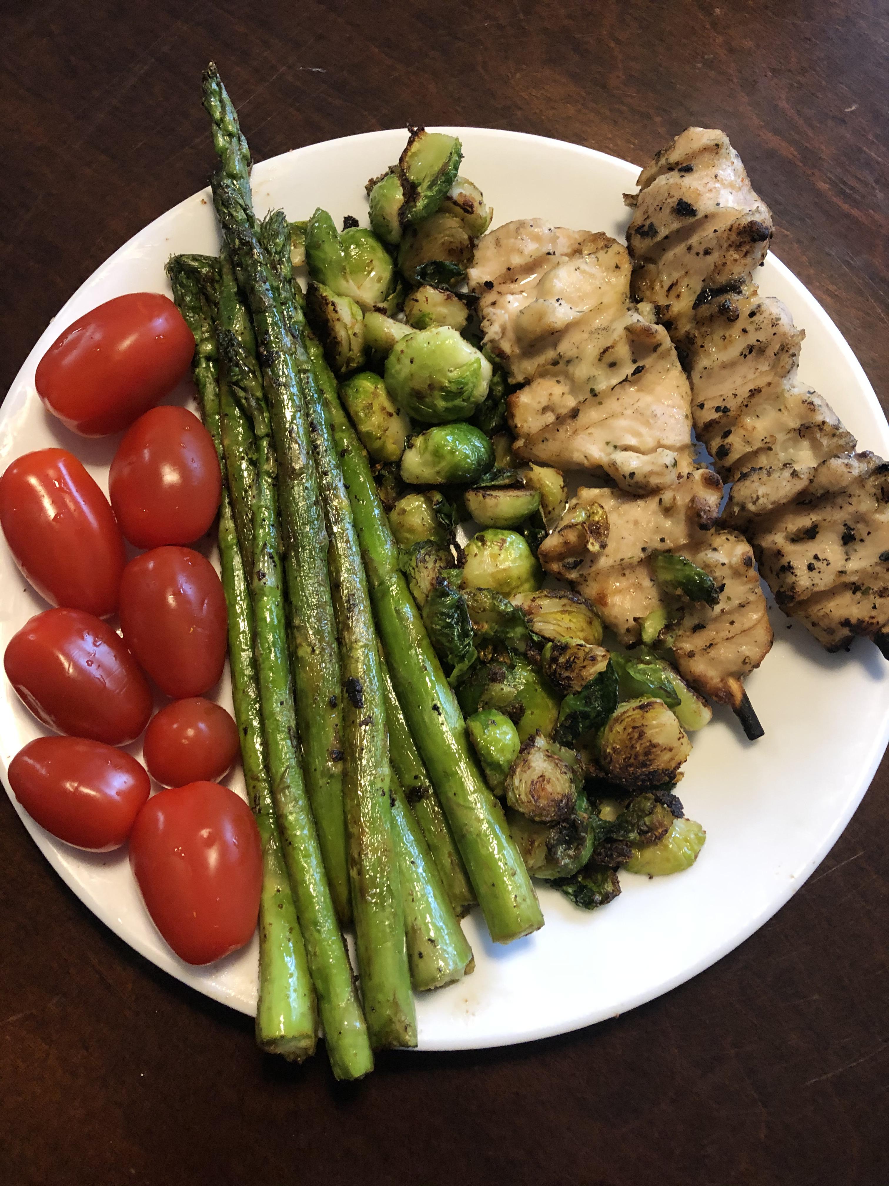 I love my colorful veggie spreads! Chicken skewers with Brussels