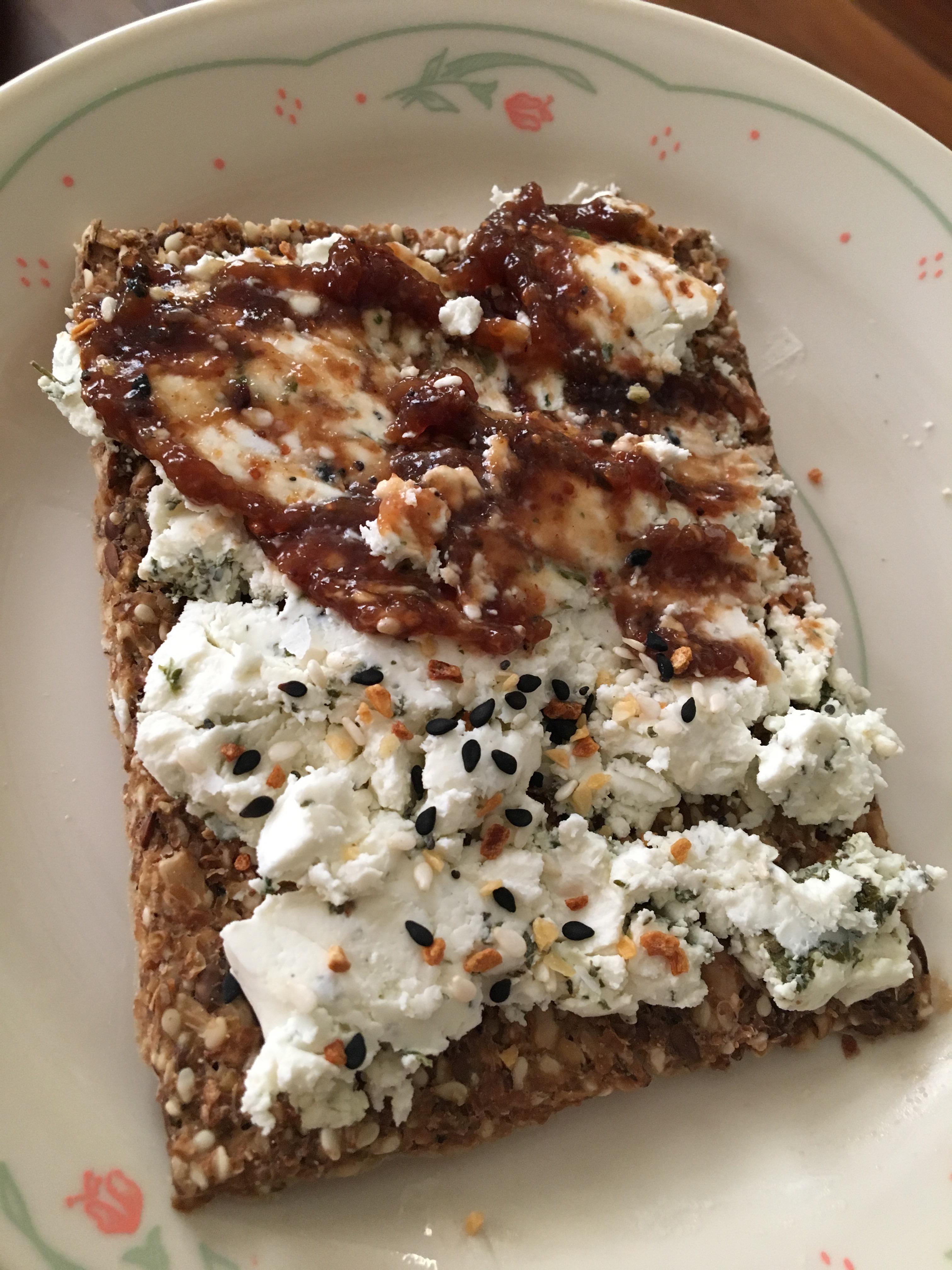 Tj’s Norwegian crispbread, herbed goat cheese, everything bagel seasoning, and fig butter 200