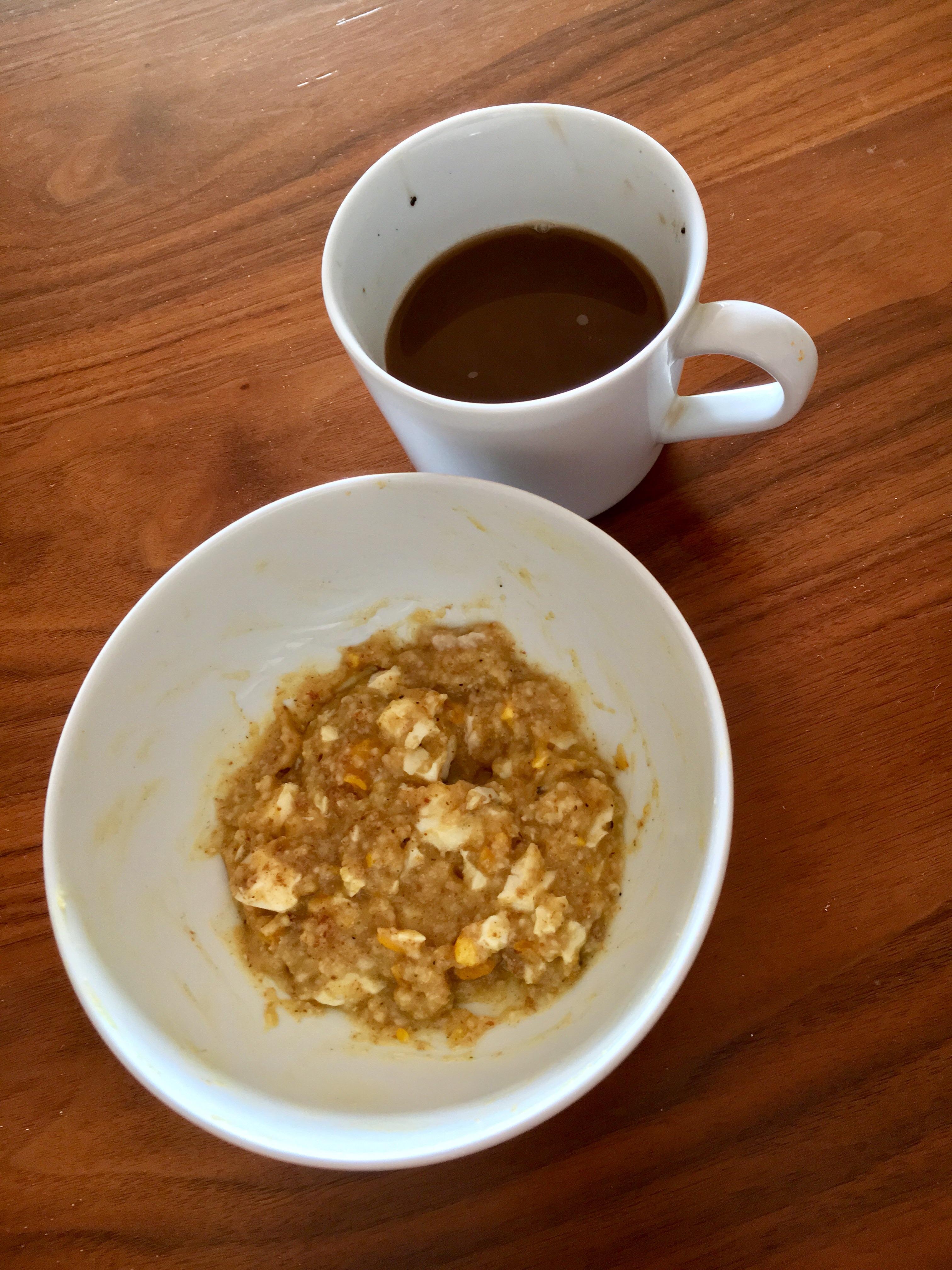 Daily breakfast of oats, egg, and coffee. With flavourings of whatever
