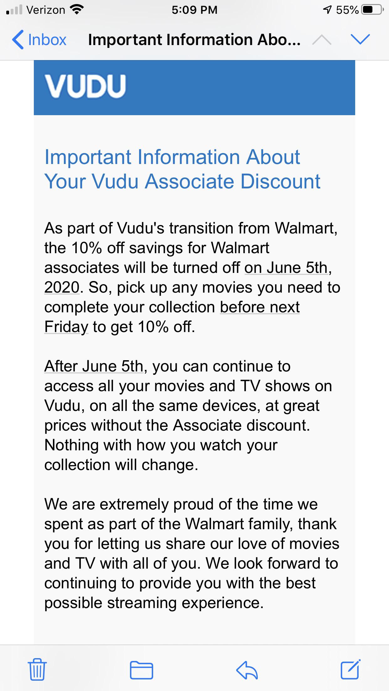 No more discount for Walmart associates. r/vudu