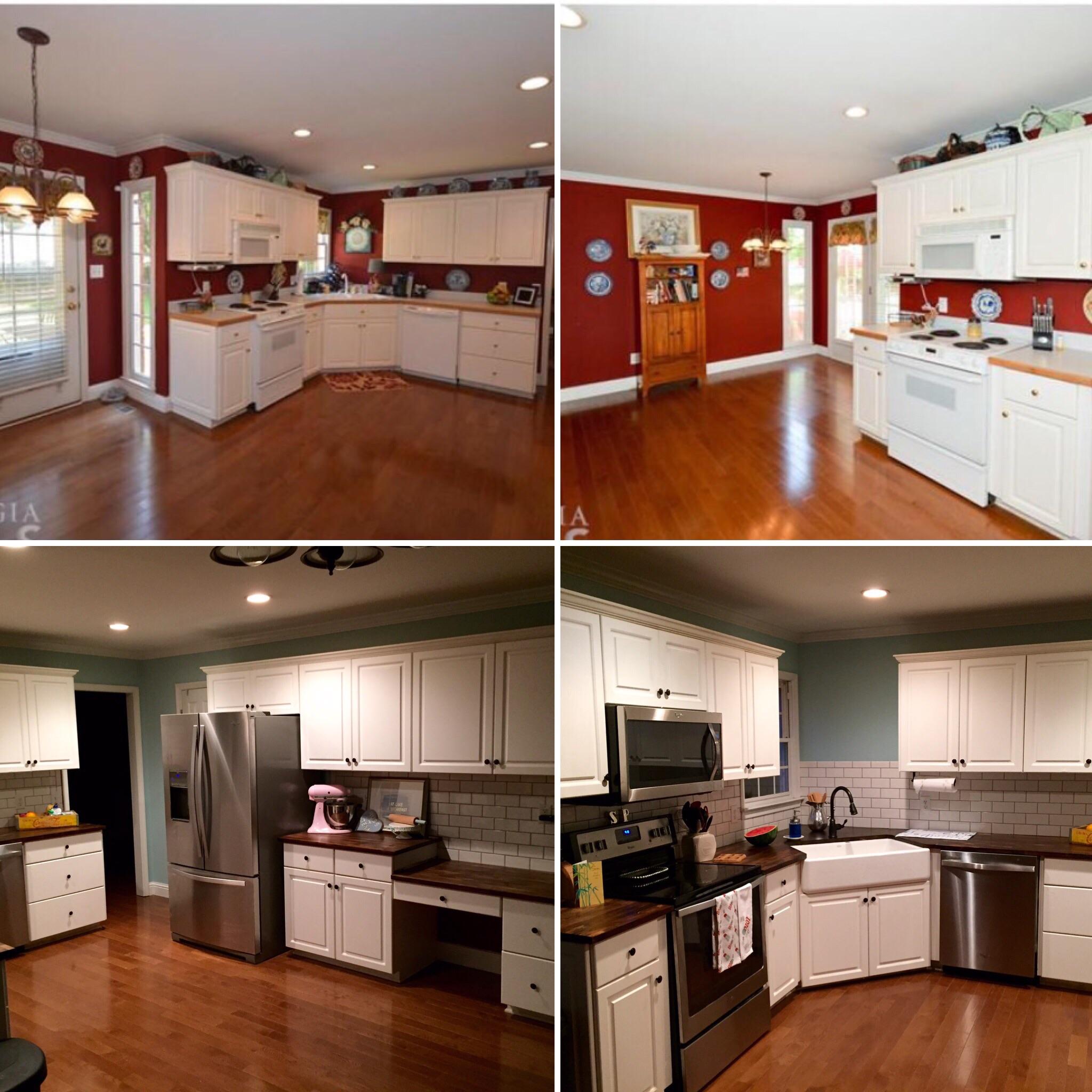 DIY kitchen renovation. Before pictures on top. After pictures on