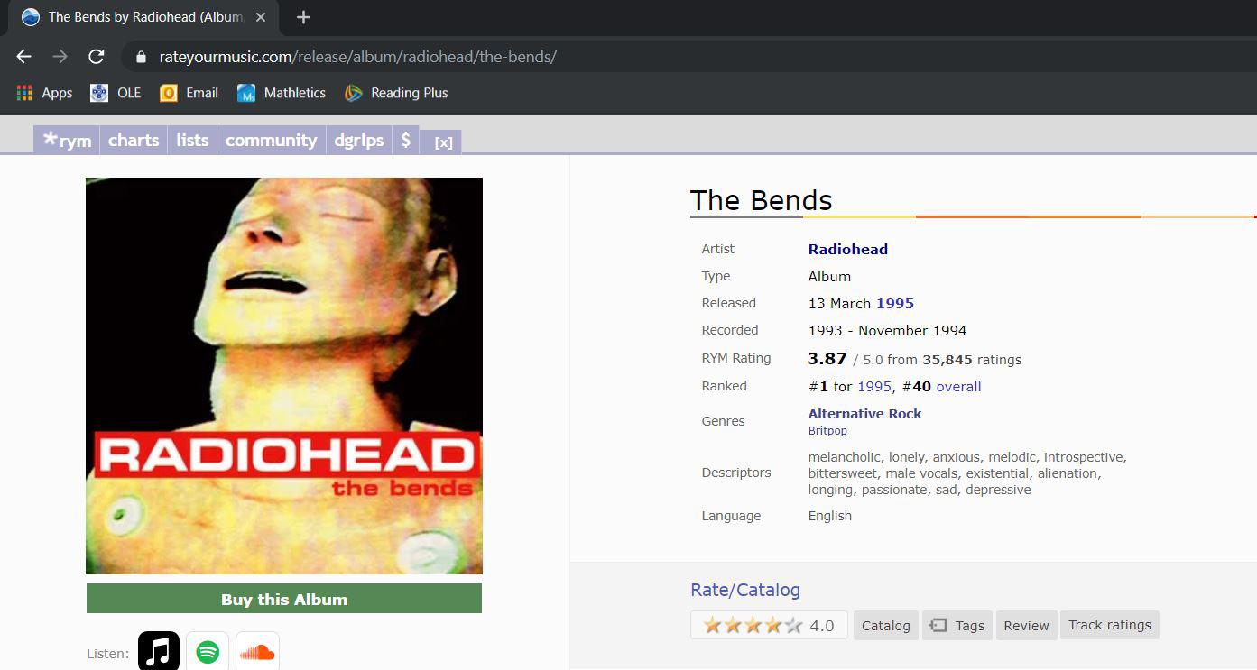 The Bends is ranked as the 40th best album of all time on rym. Discuss. r/radiohead