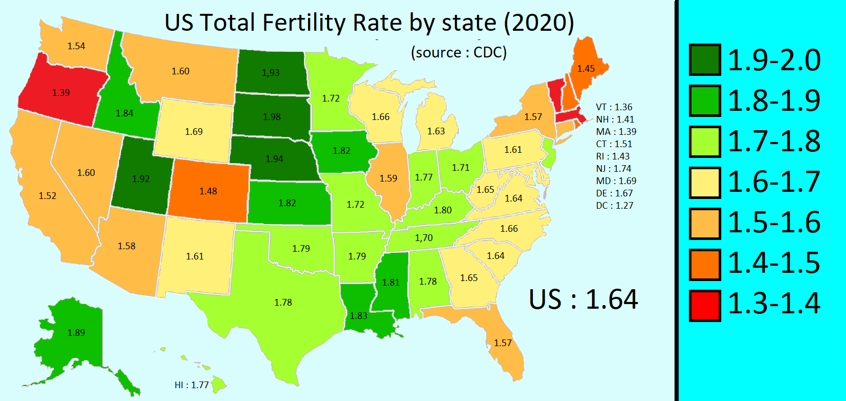 US Total Fertility Rate by state (2020) r/MapPorn