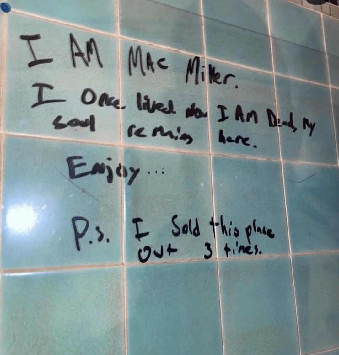 Mac Millers writings in a pool at a venue, Rest Easy, Mac r/MacMiller