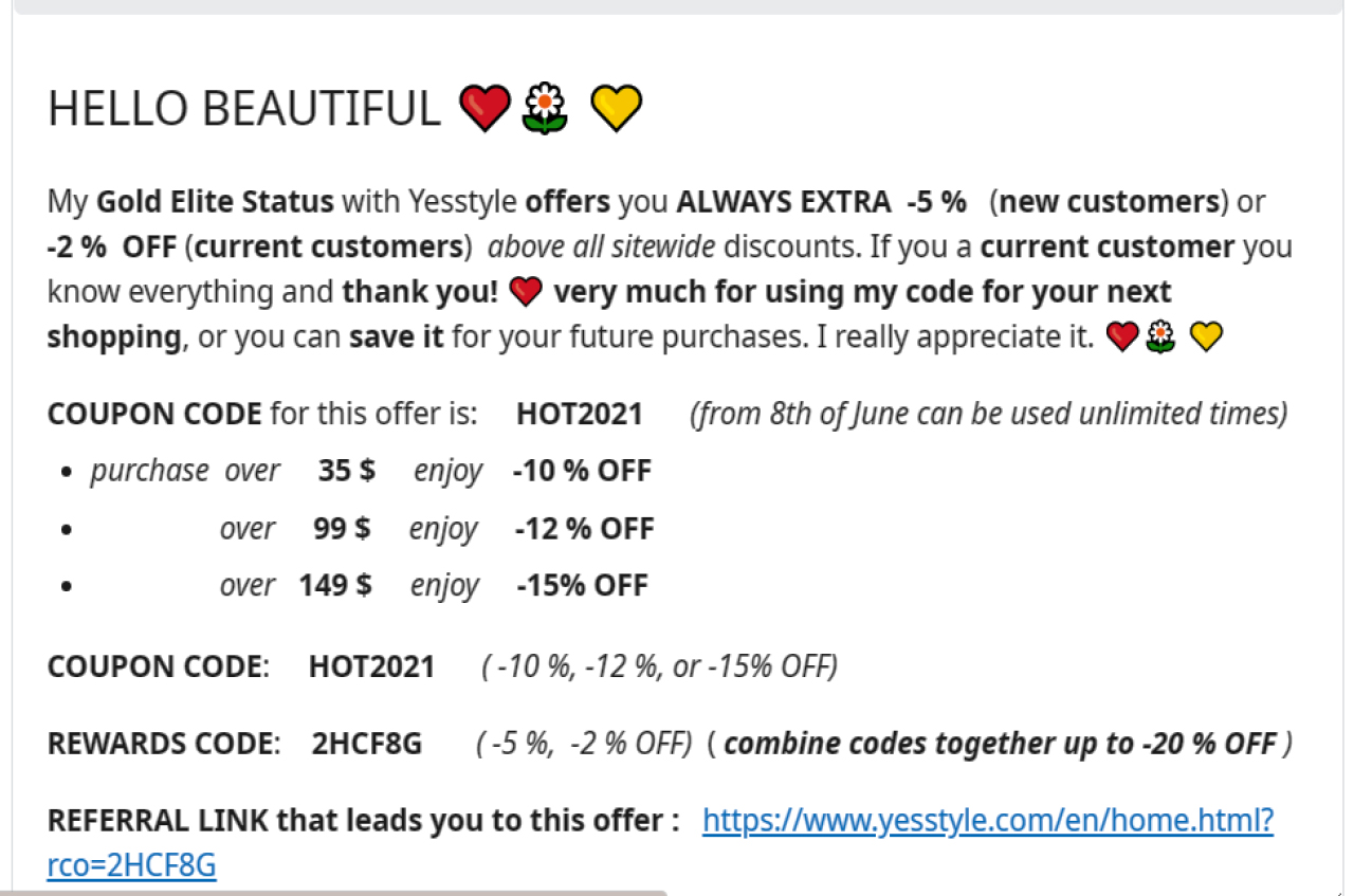 NEW YESSTYLE ️ COUPON code HOT2021 + REWARDS code 2HCF8G ️ FILL IN the codes at check out and