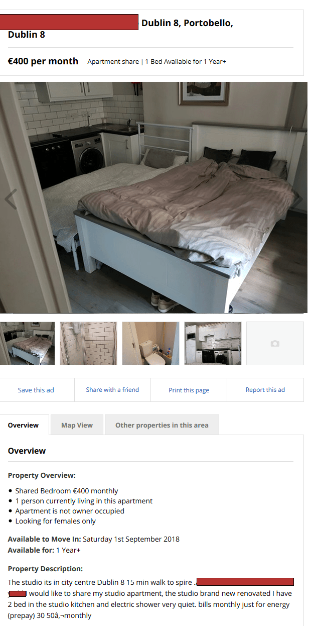 €400 for a single bed jammed between another bed and a in a studio apartment in