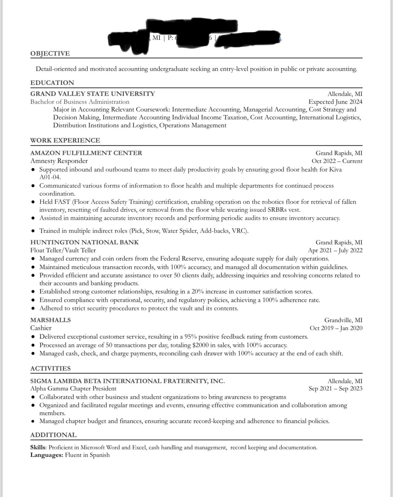 Resume for Recent Grad r/Accounting
