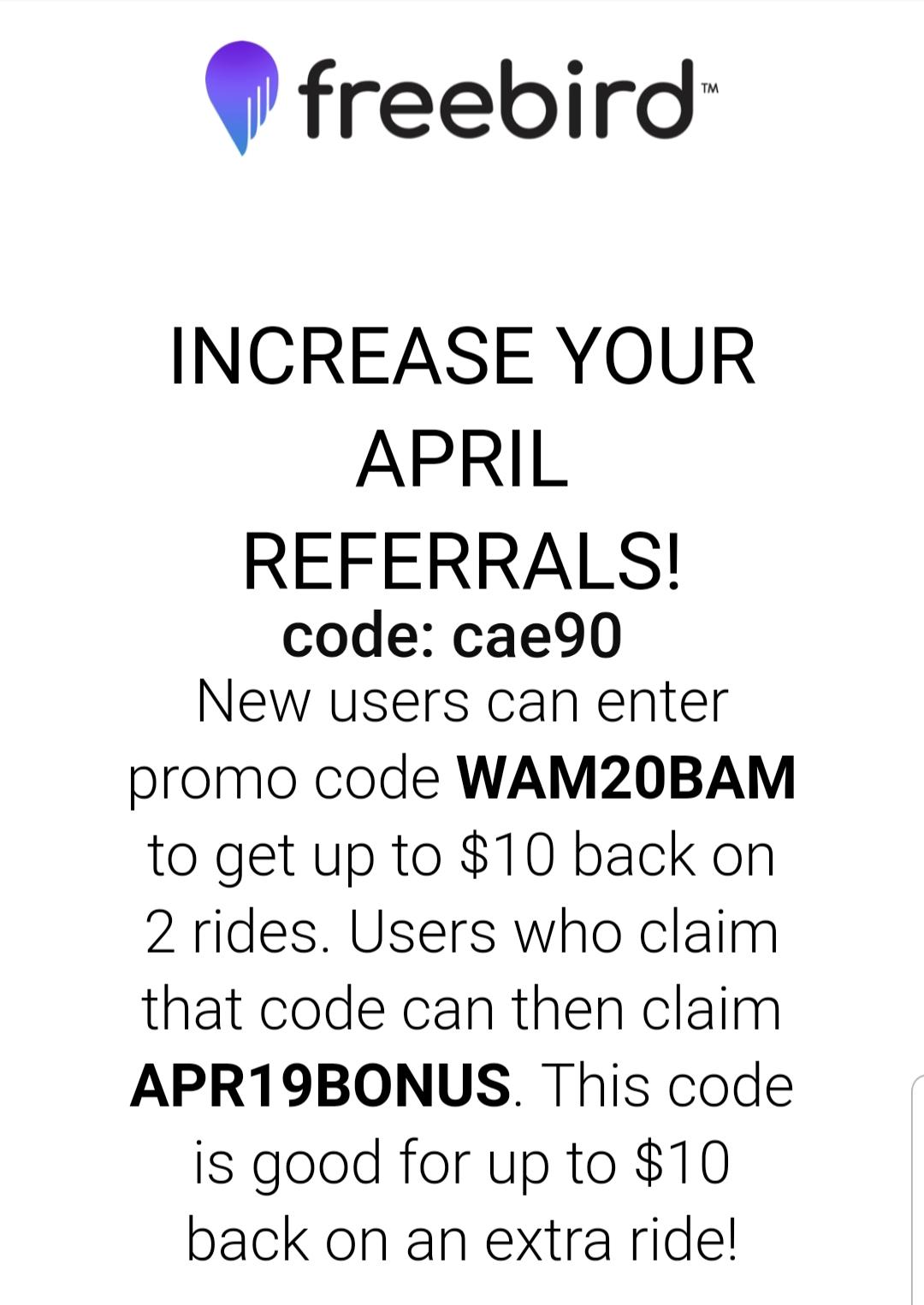 Free (30) Uber/Lyft Ride with Freebird Cashback app. Download the app