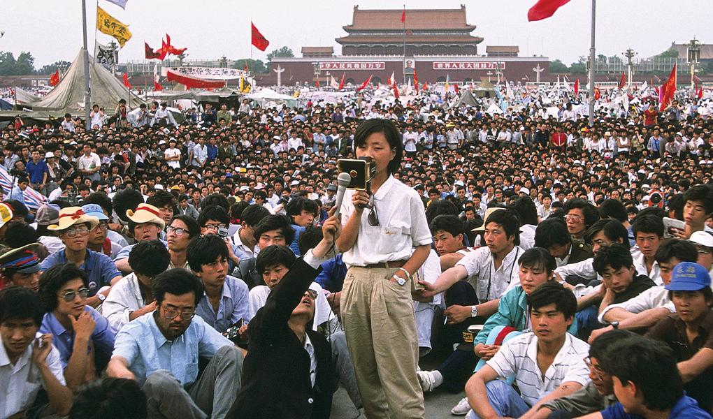 A student movement leader speaking at Tiananmen Square, during the