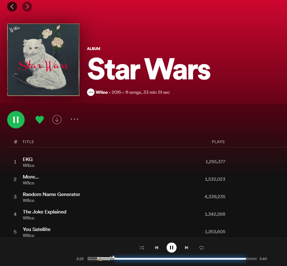 When you play the Star Wars album on Spotify the music bar