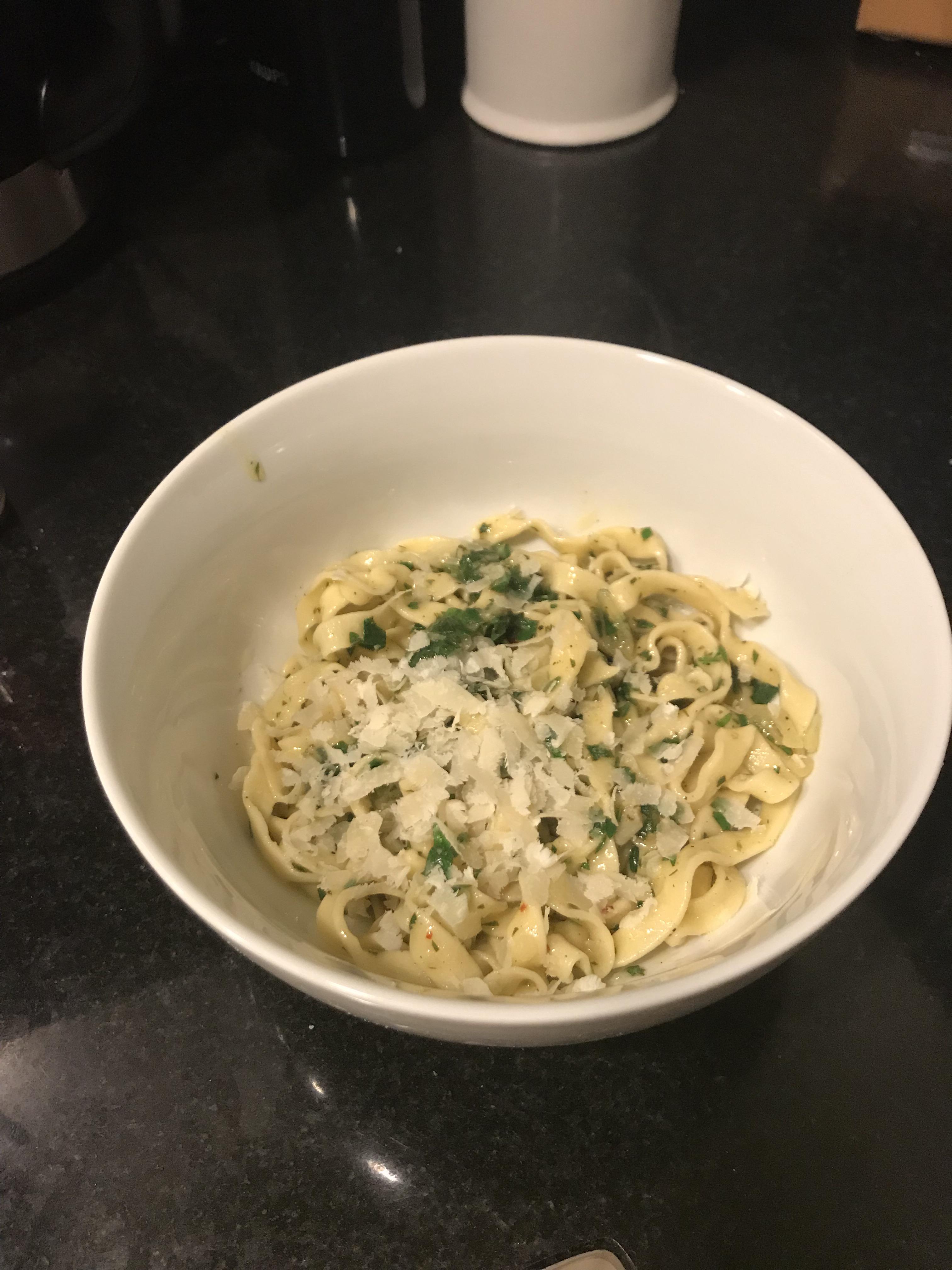 Pasta aglio e olio with homemade pasta ridiculously good. Thanks