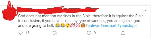 "gOd doEs nOt mEnTiOn vAcCinEs iN tHe bIbLe, tHeReFoRe iT