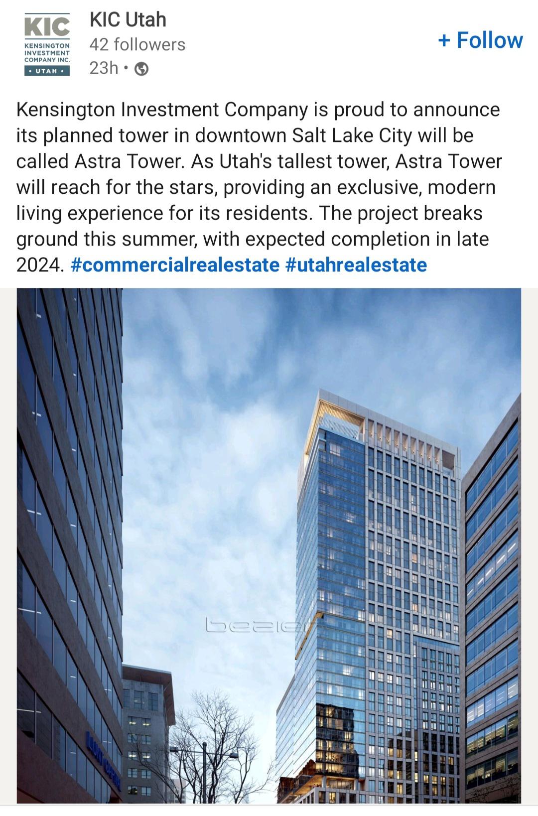 "Astra Tower" is the new name of the Kensington tower. Construction