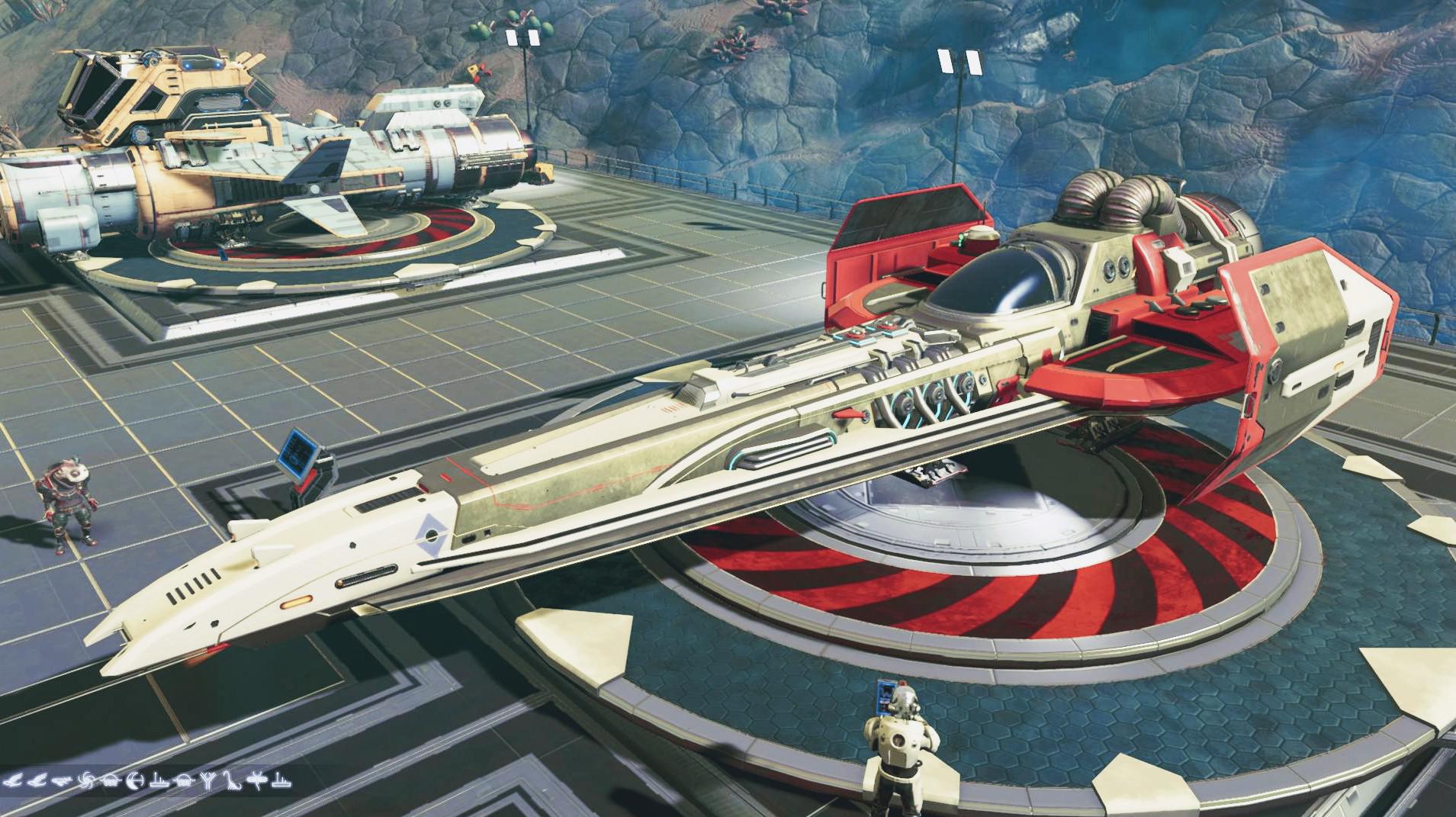 Darth Maul's ship; red, grey, and white long nose single thruster Droid