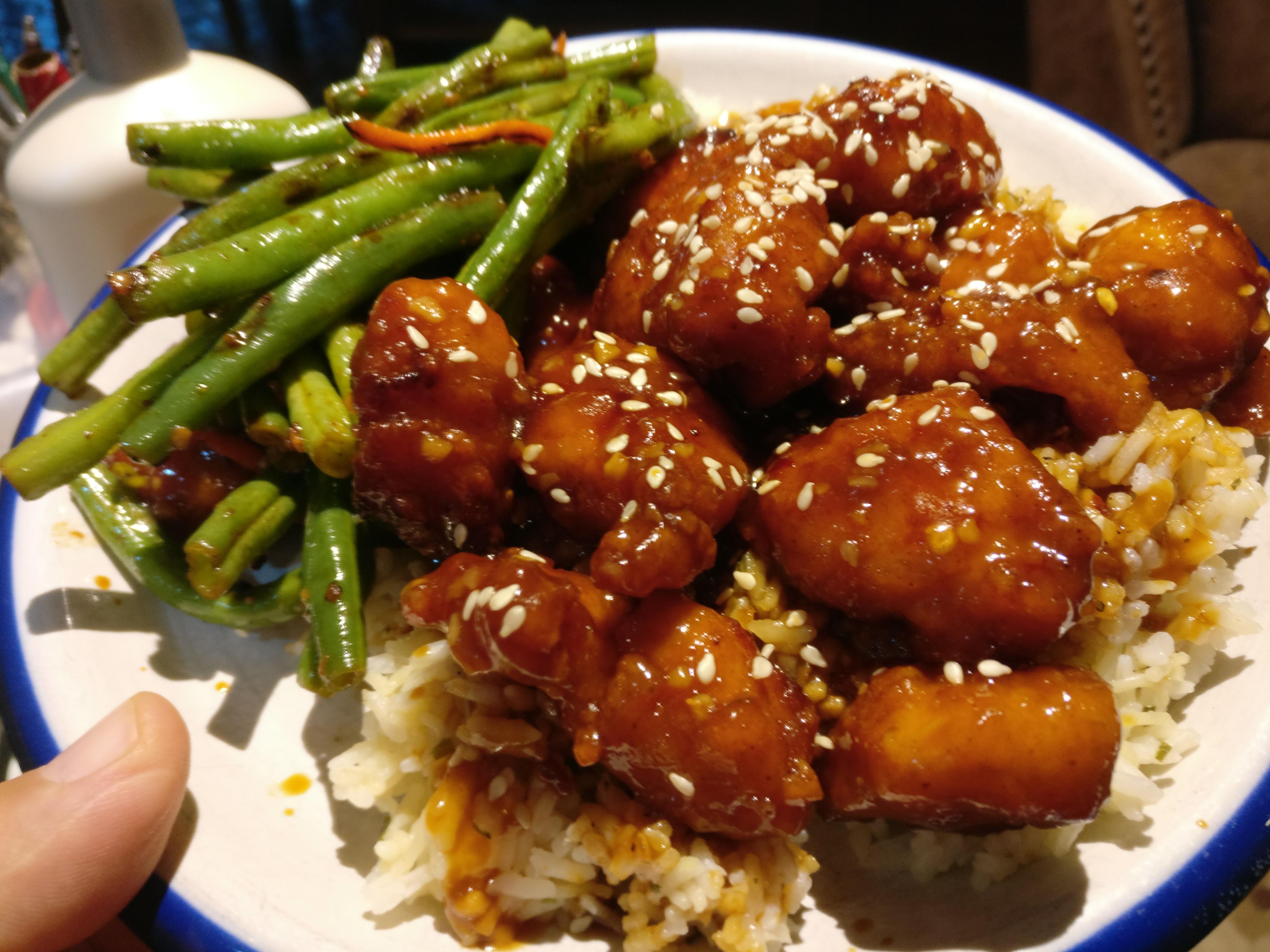 [I Made] Orange Chicken and Green Beans! "Bare" chicken nuggets from