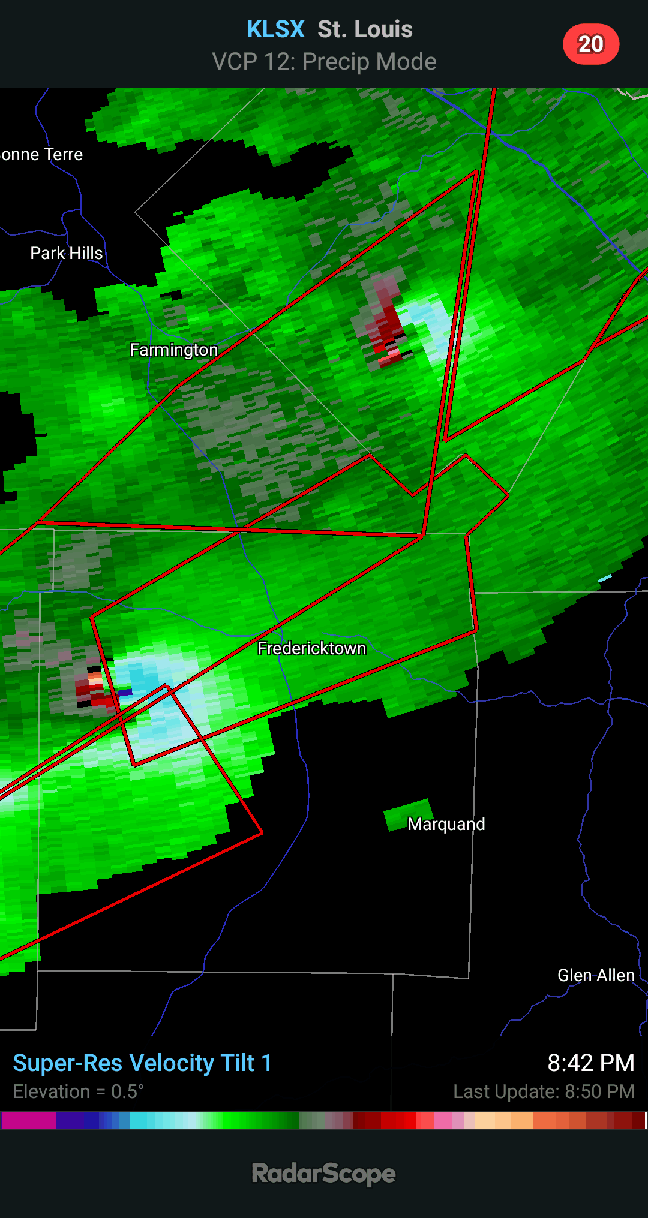 PDS Confirmed Tornado Warning Continues Into Fredericktown, Missouri