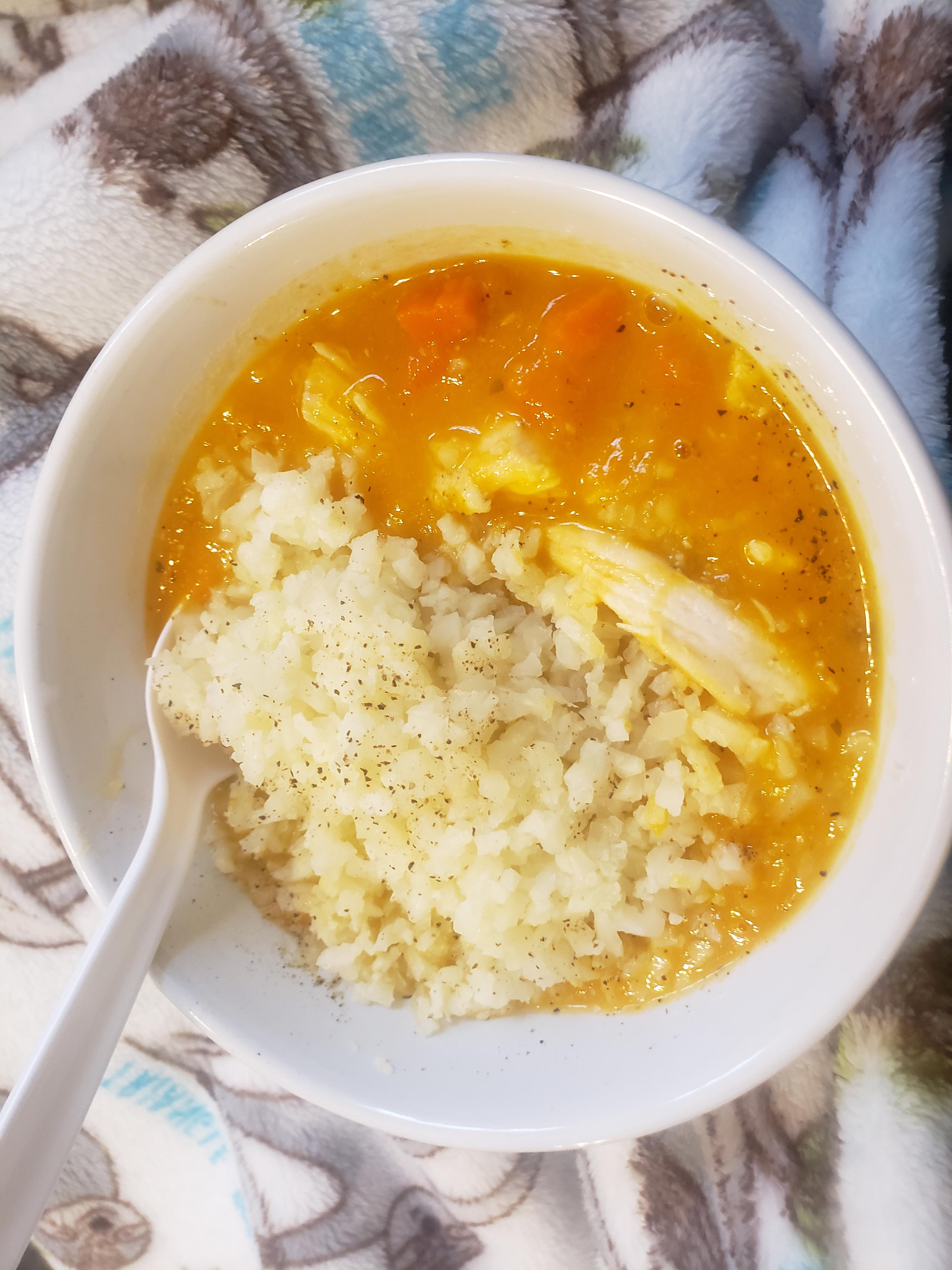 Thaistyle Carrot and Sweet Potato Soup with Grilled Chicken and Riced