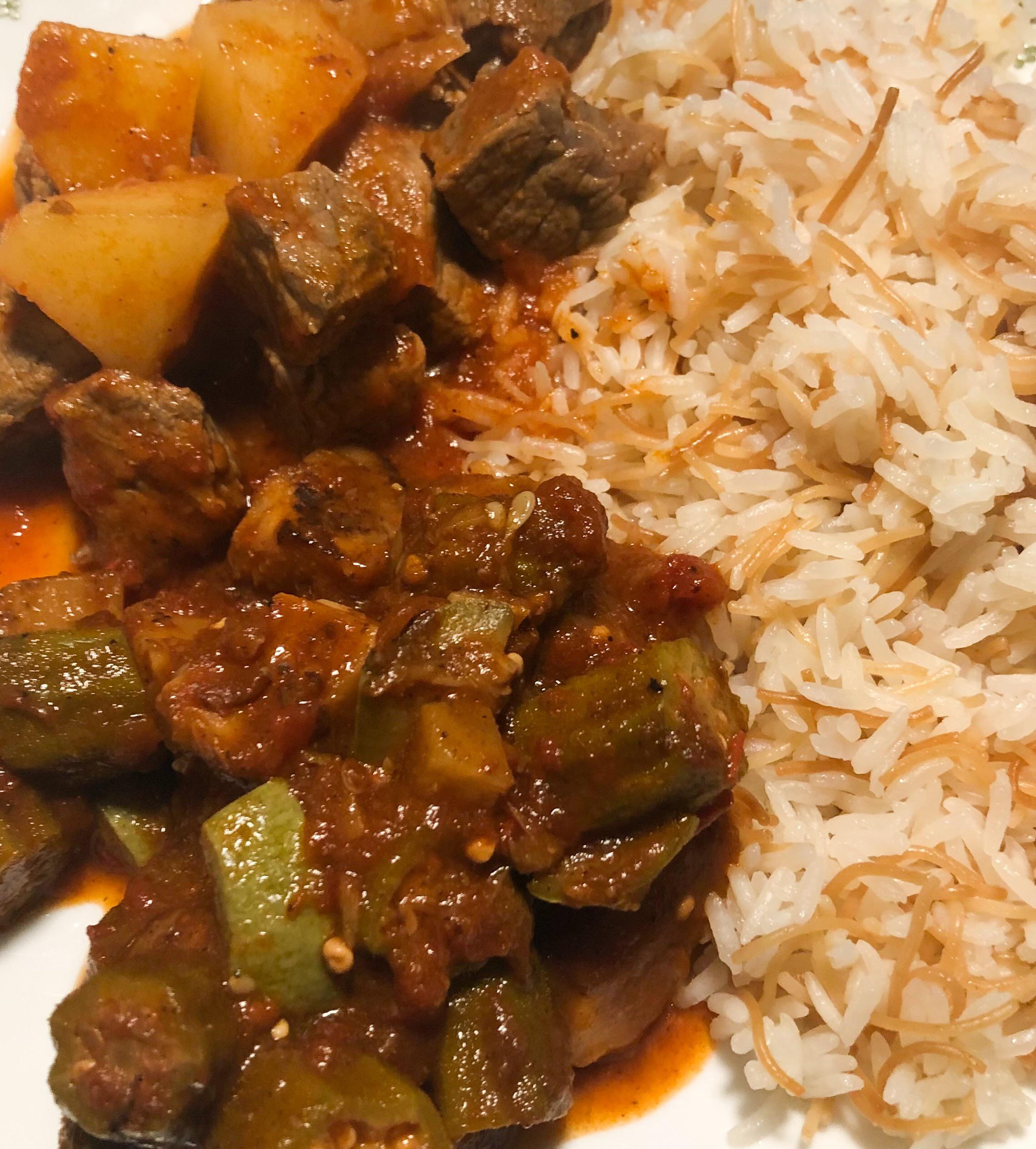 [Homemade] Egyptian Beef and Okra Stew with Toasted Vermicelli Rice r/food