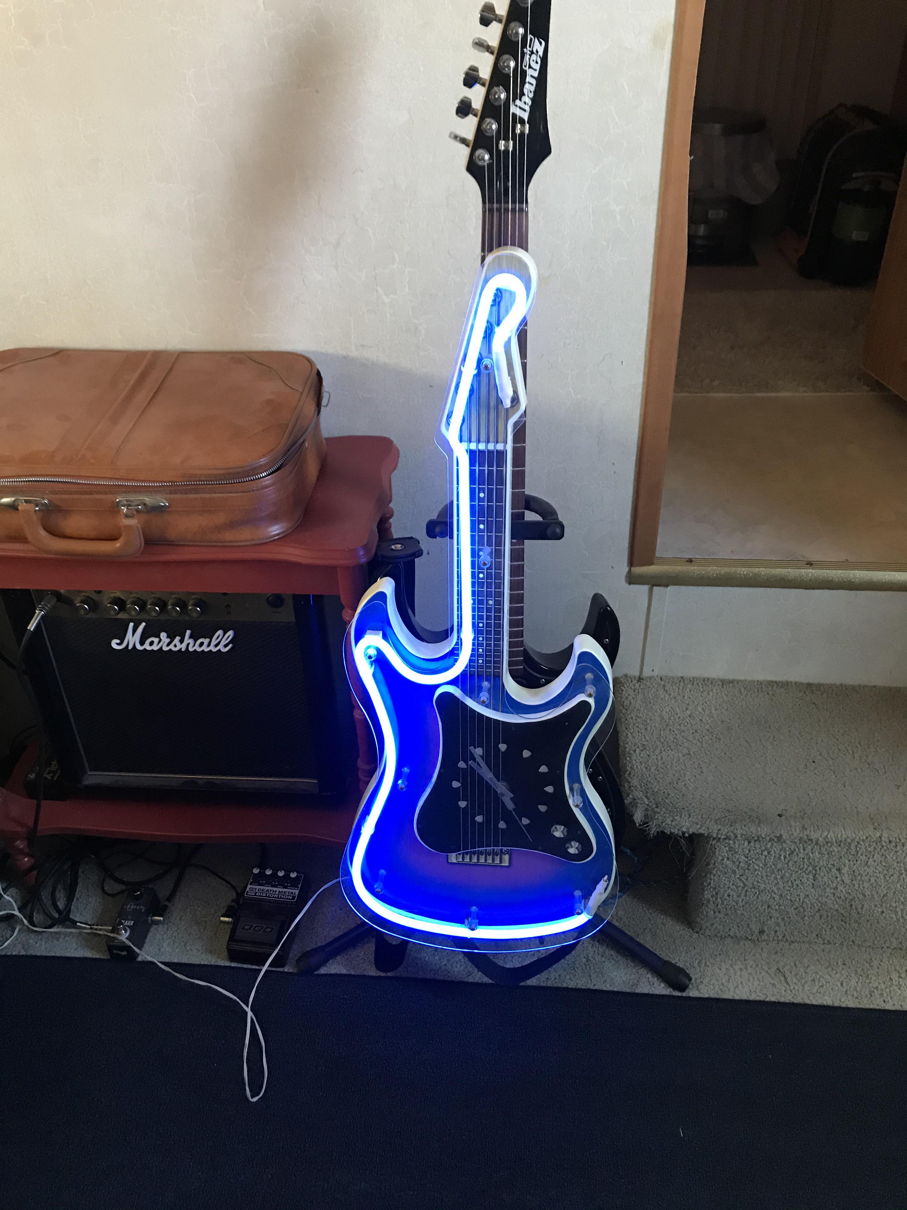 Vintage neon guitar clock. Ibanez for scale. r/guitars