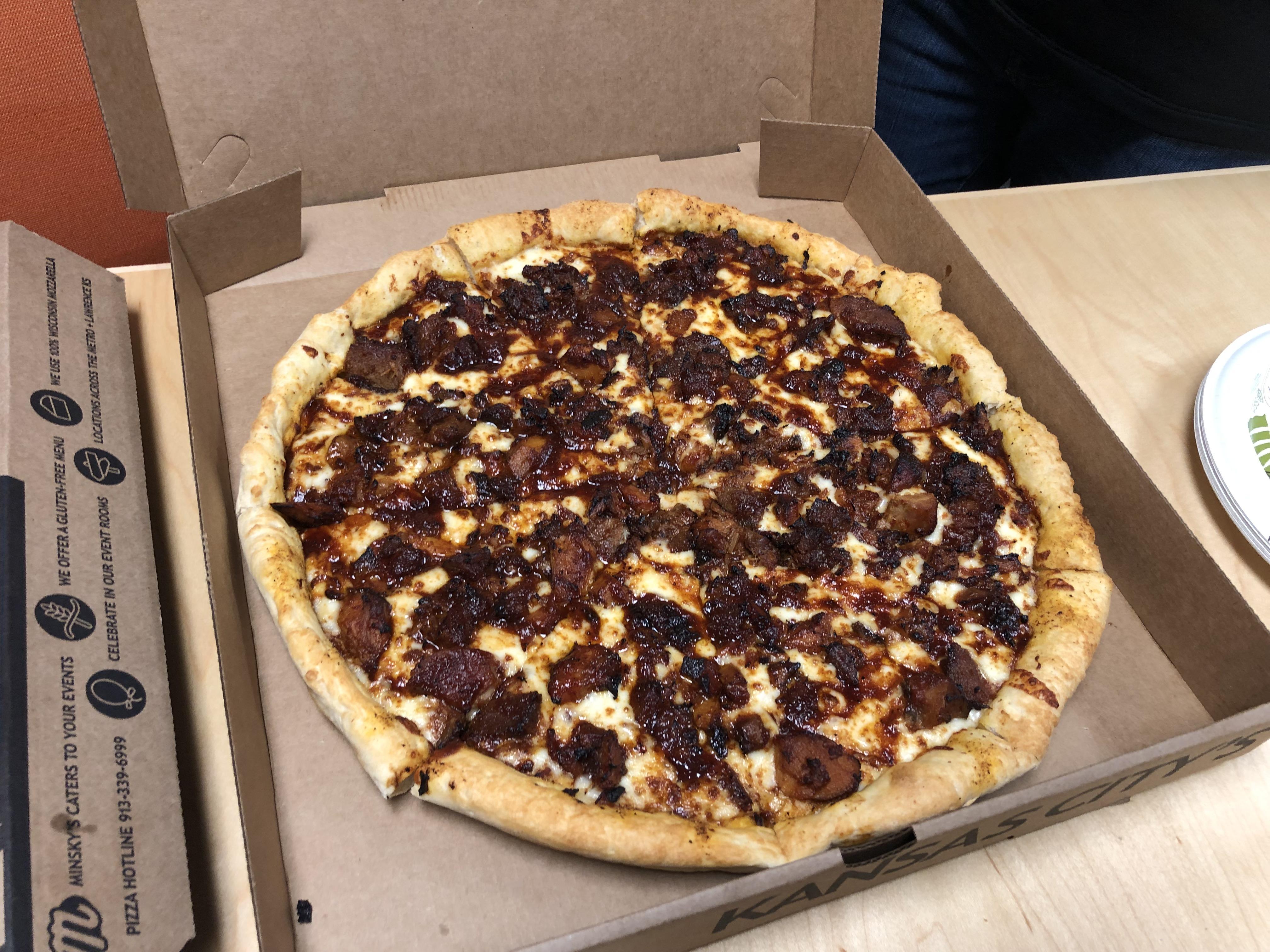 I had Minsky’s special Joe’s BBQ pizza today for lunch, and it was