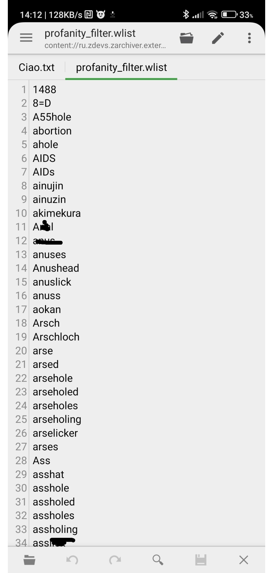 The start of the minecraft profanity filter list, like what r/What