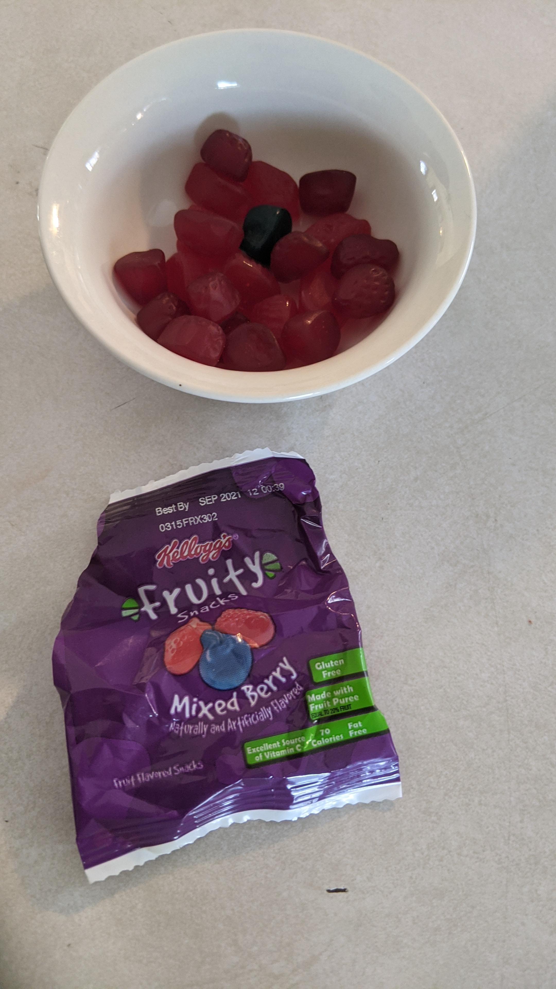 Two packages of mixed berry fruit snacks and only one blue berry fruit