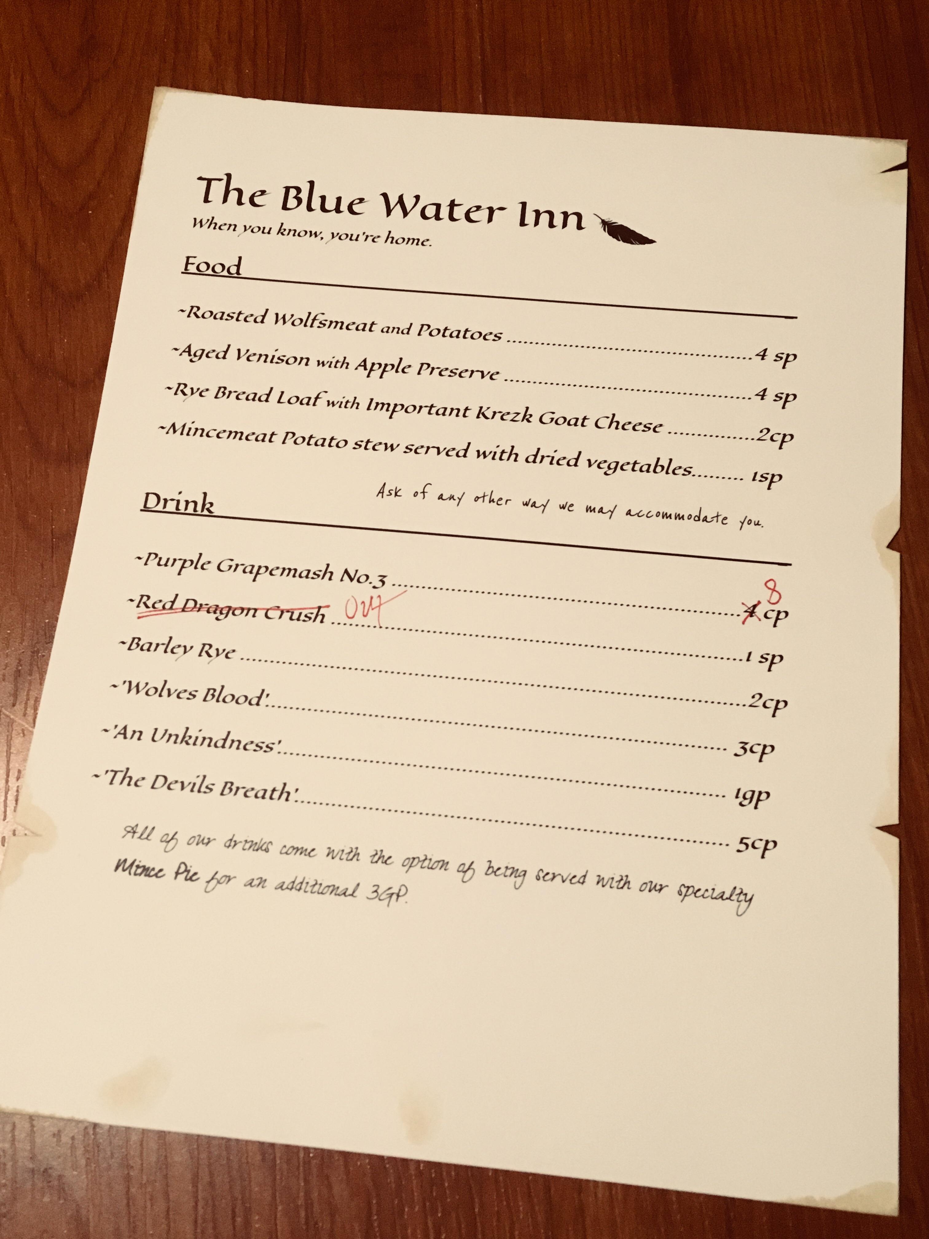 A menu for the Blue Water Inn with a small puzzle to boot. God I love