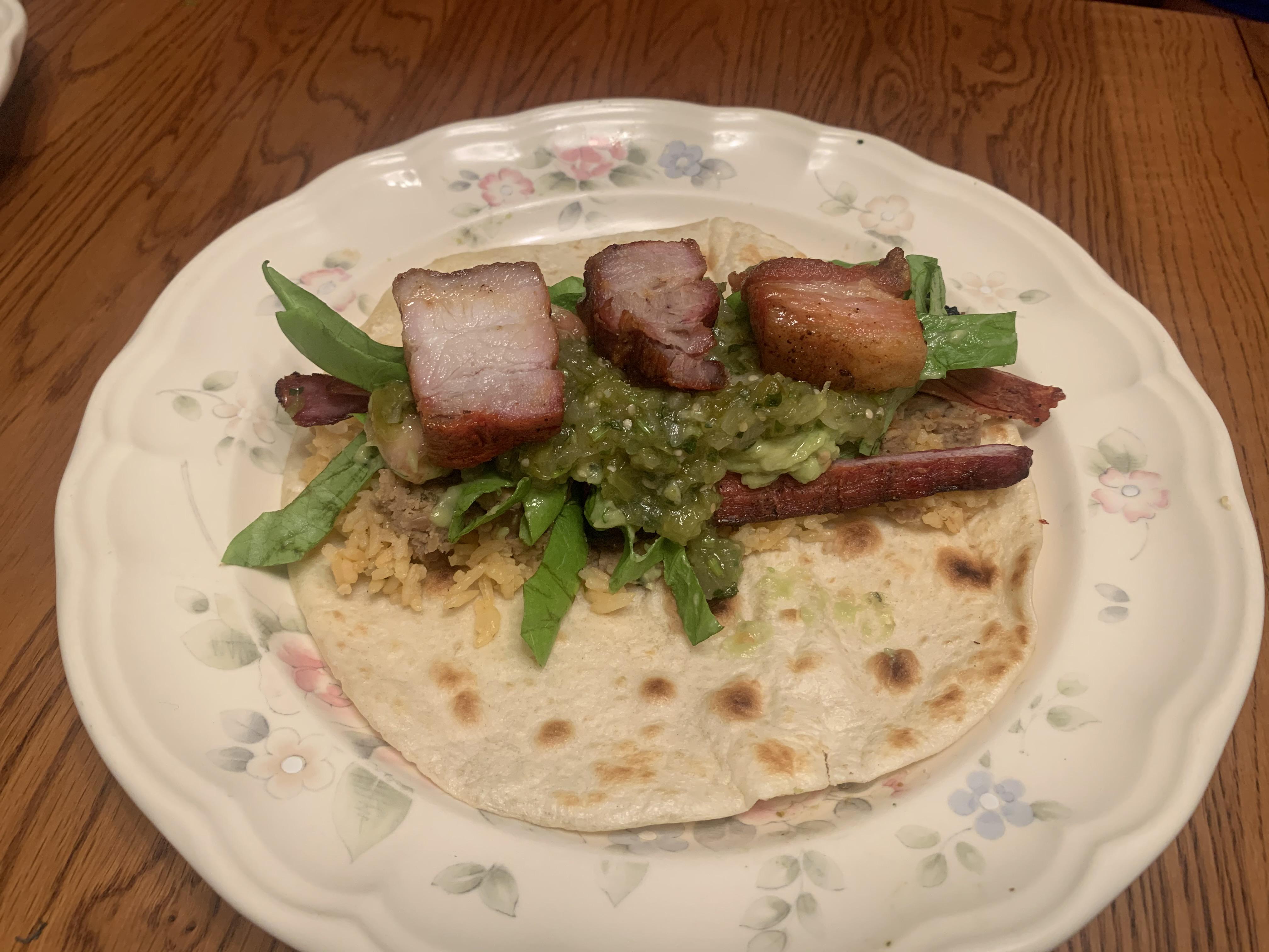 [Homemade] Smoked pork belly and tritip tacos with butter lettuce