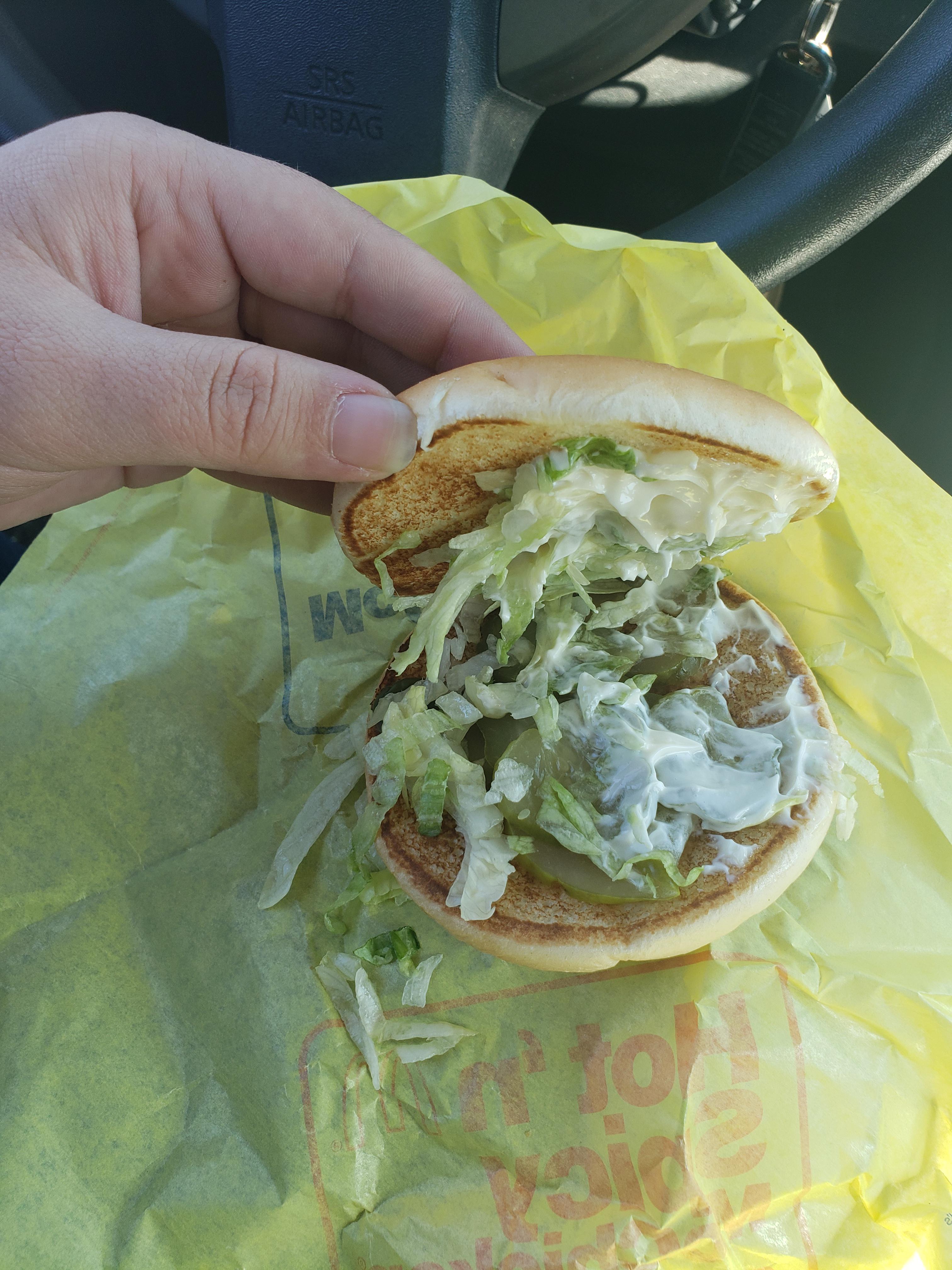 Ordered a McChicken for lunch. It came with all the toppings but no chicken. r/mildlyinfuriating