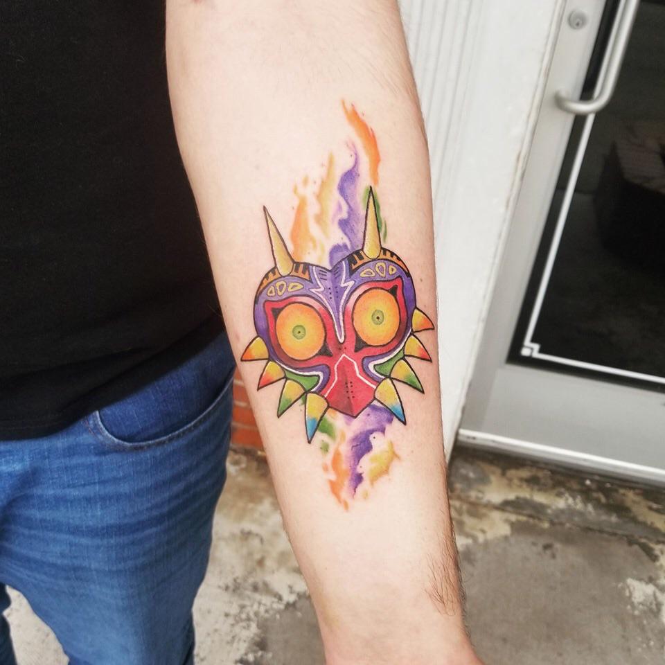 Majoras mask done by Jordan Murray at Blacklist Ink in Joplin mo tattoos