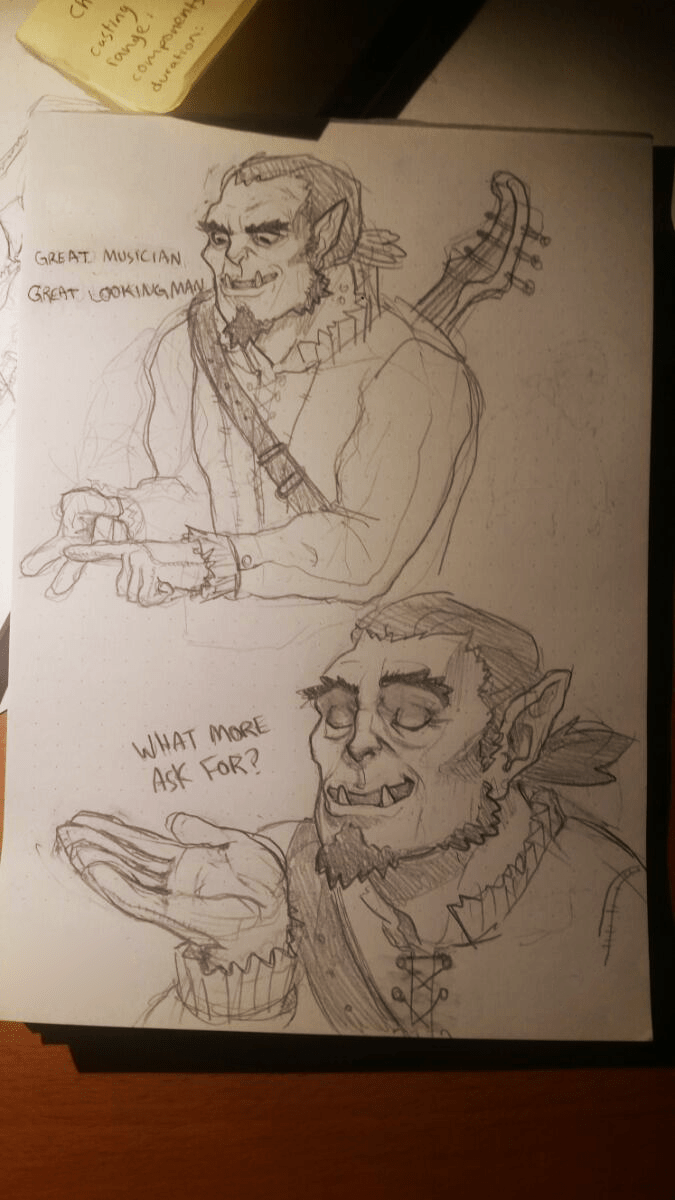 [OC] Fanart of Tabletop Escapades Halforc bard meets an ugly man who