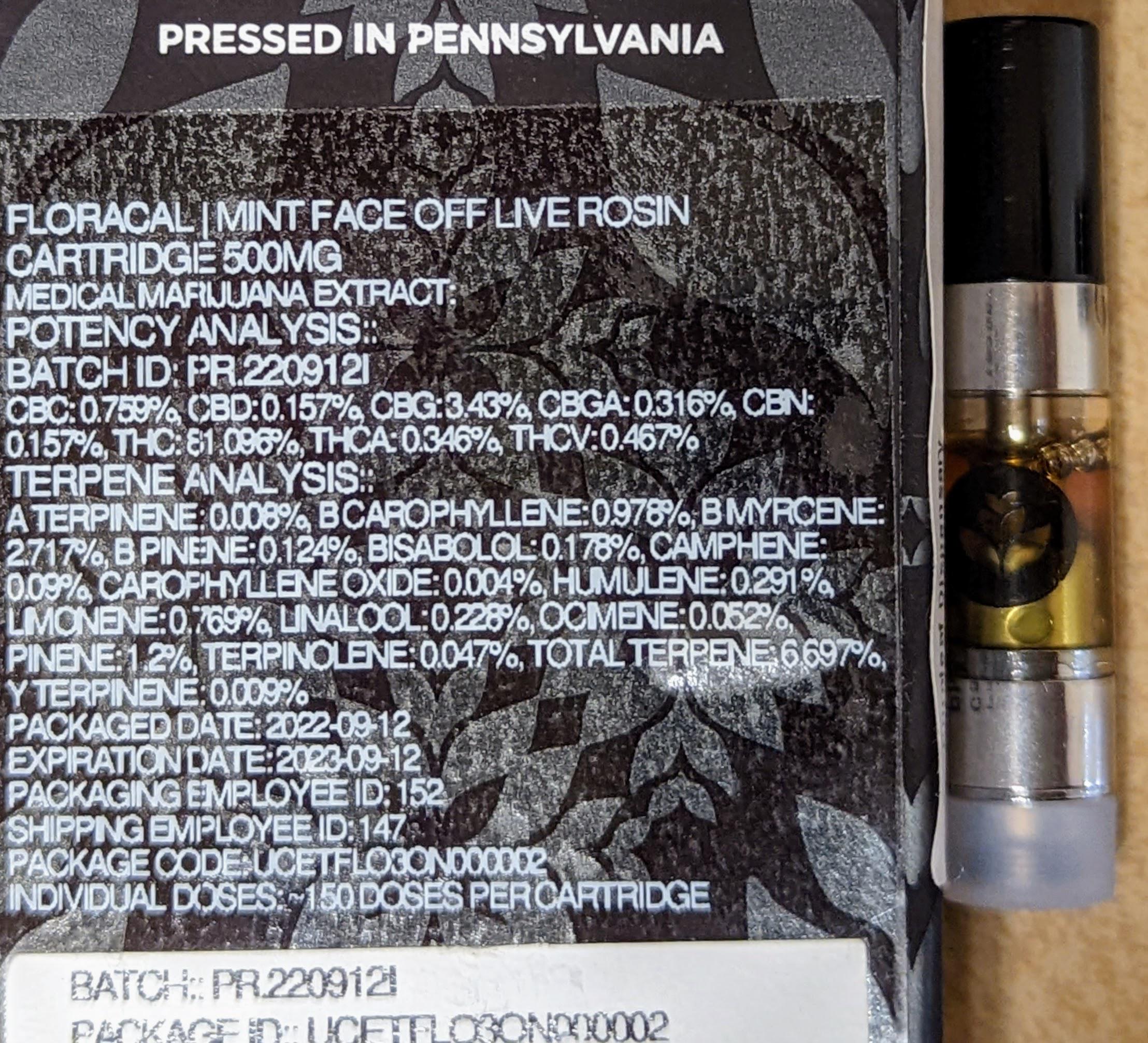 Mint Face Off Live Rosin LLR Indica Cart by Floracal/Cresco A Potent