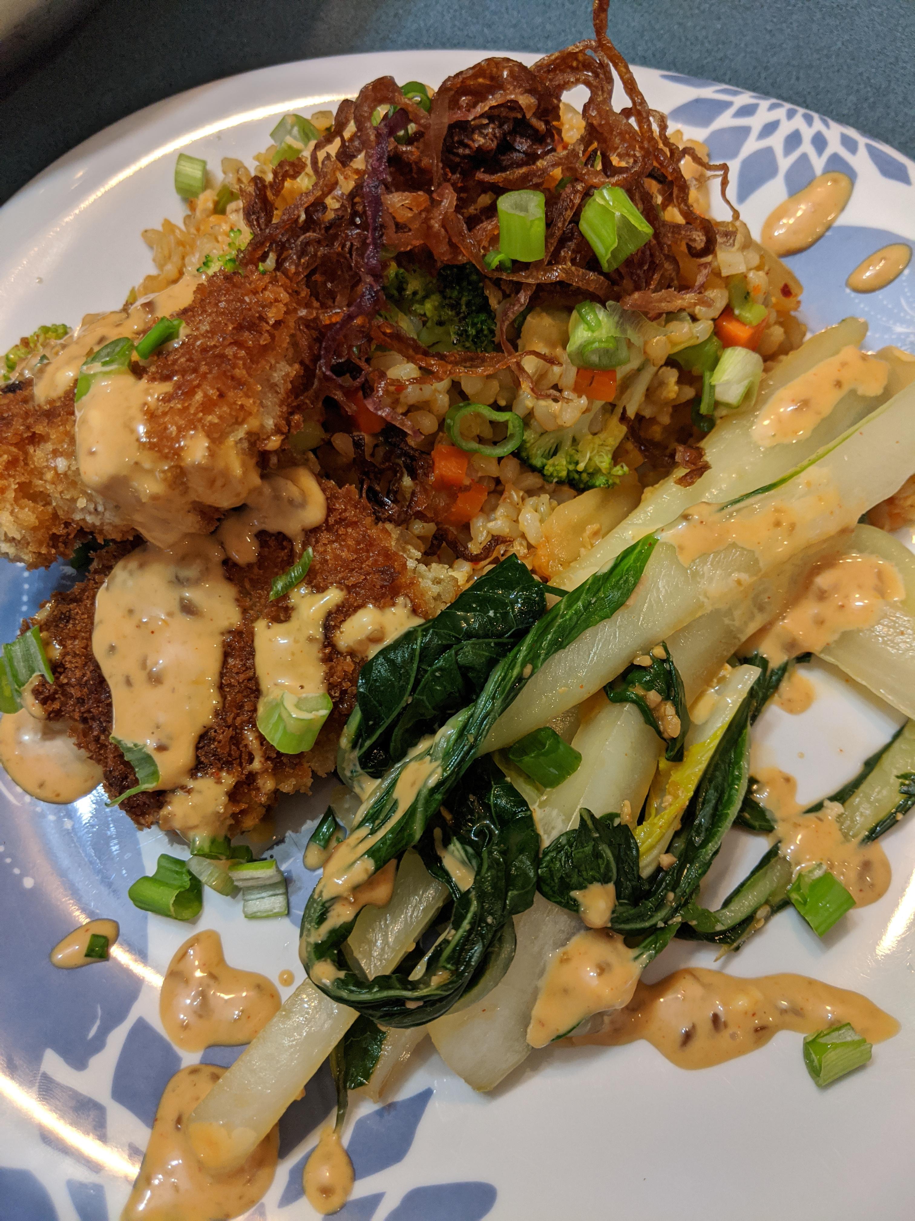 Kimchi fried rice, gochujangmarinated tofu, braised bok choy r