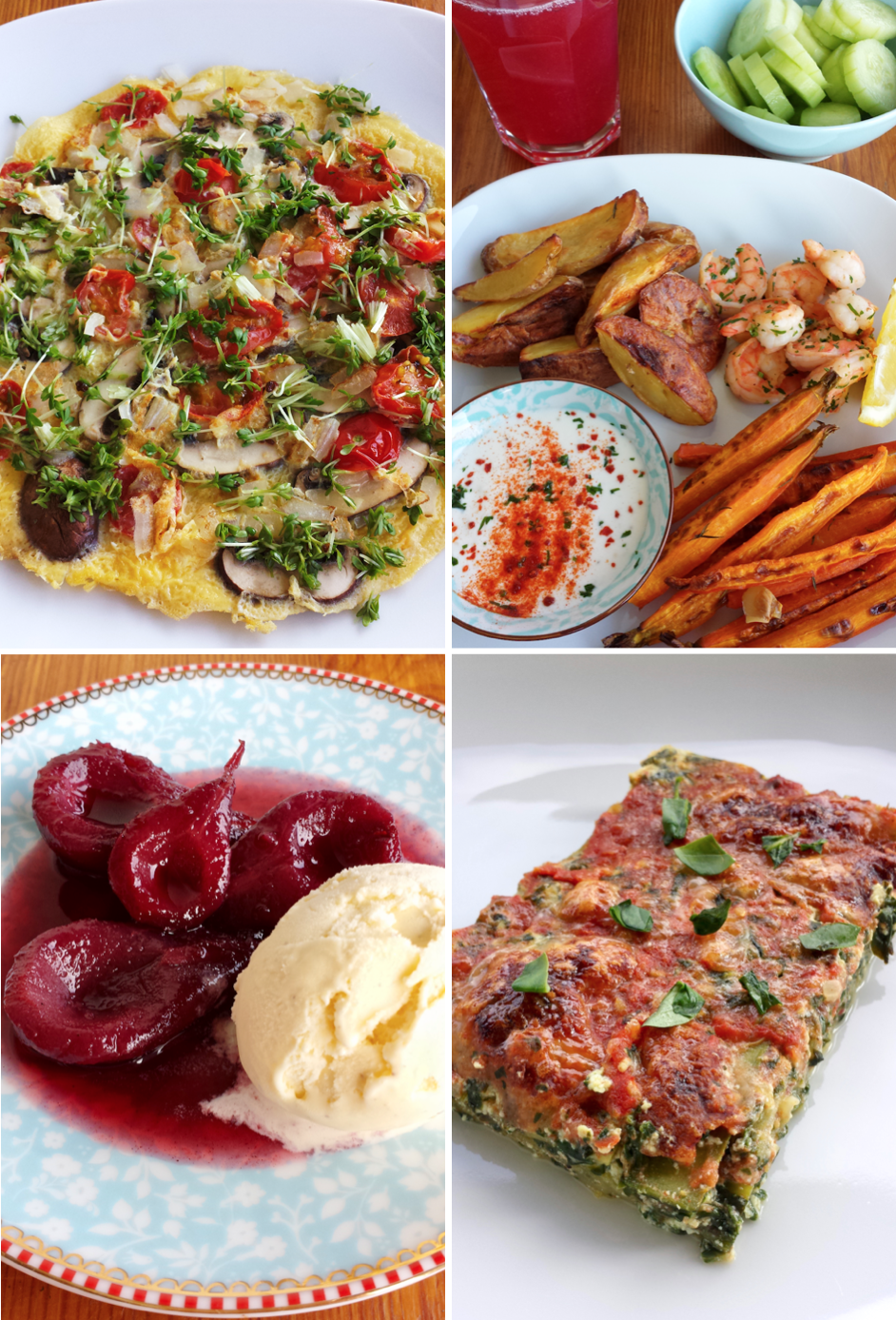 Full Day Omelette, Roast Potatoes & Carrots, Prawns, Zucchini Lasagna