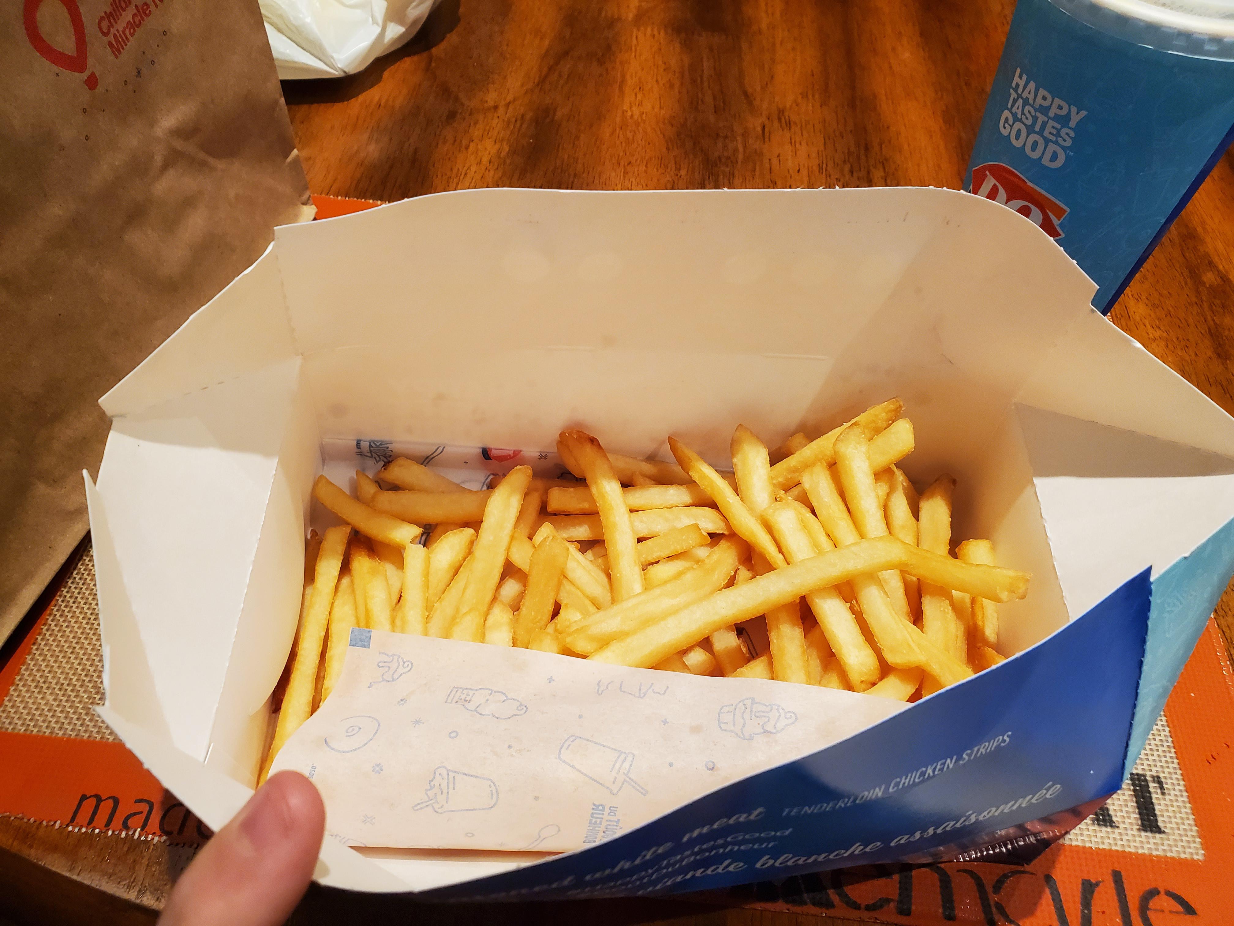Ordered a 6pc. Strip with fries from Dq. Quick service but only got a box full of fries. r