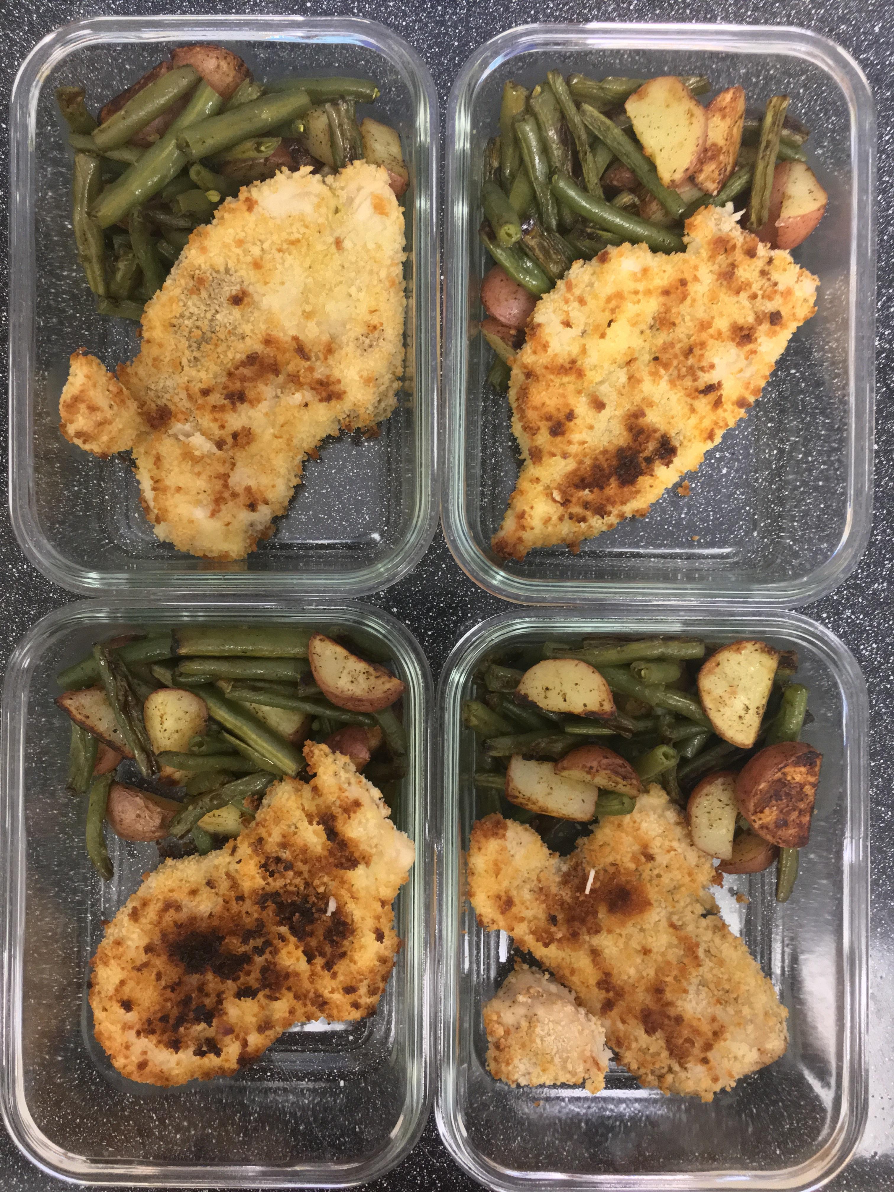 Crispy Chicken Schnitzel with Potatoes and Green Beans from Skinnytaste