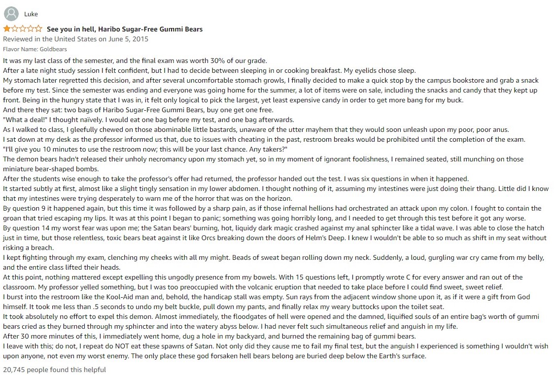 Funny Amazon Review (See you in hell, Haribo SugarFree Gummi Bears) r/funny
