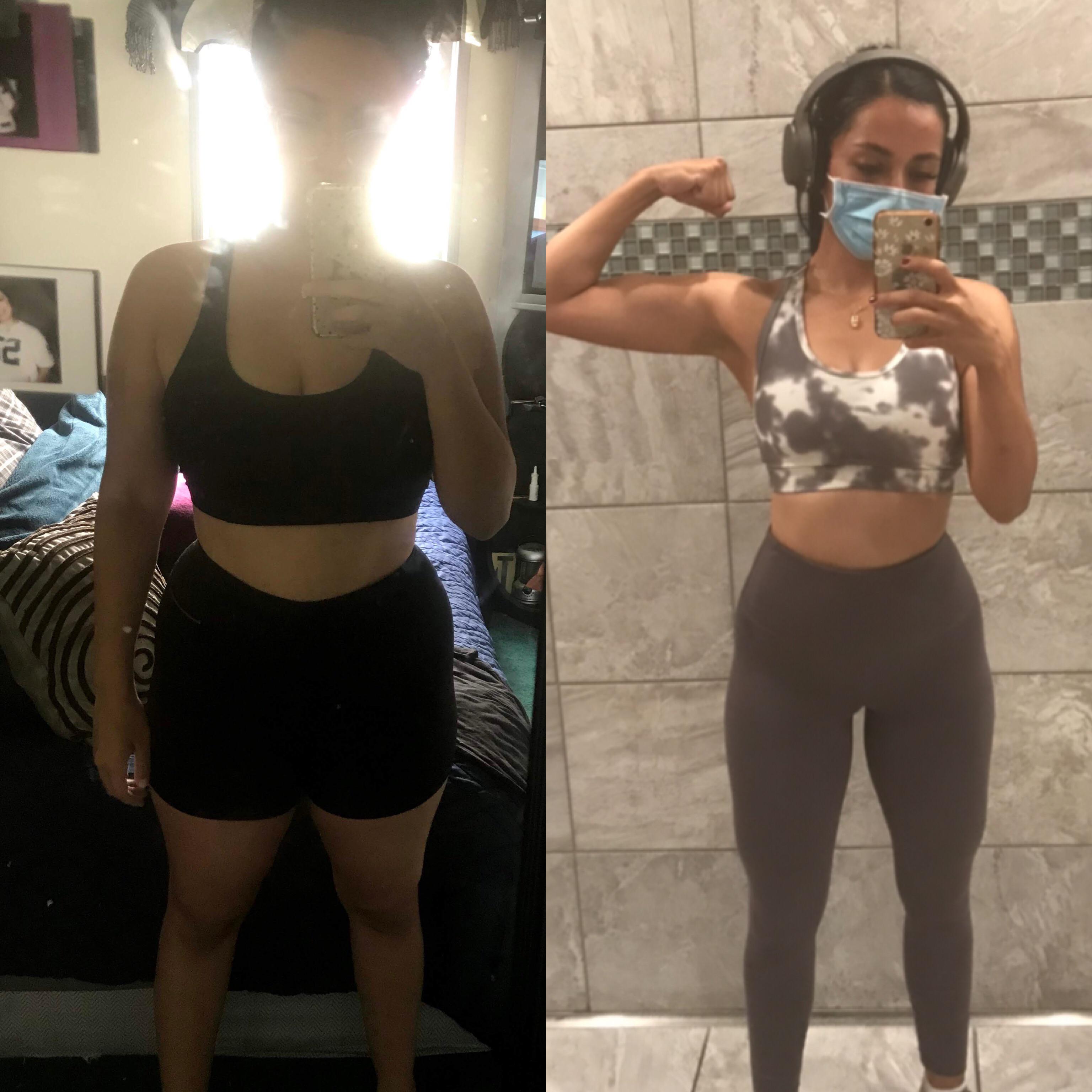 F/27/5’1 [165lbs>127lbs=38lbs] (1.5 years) On the right I am about a