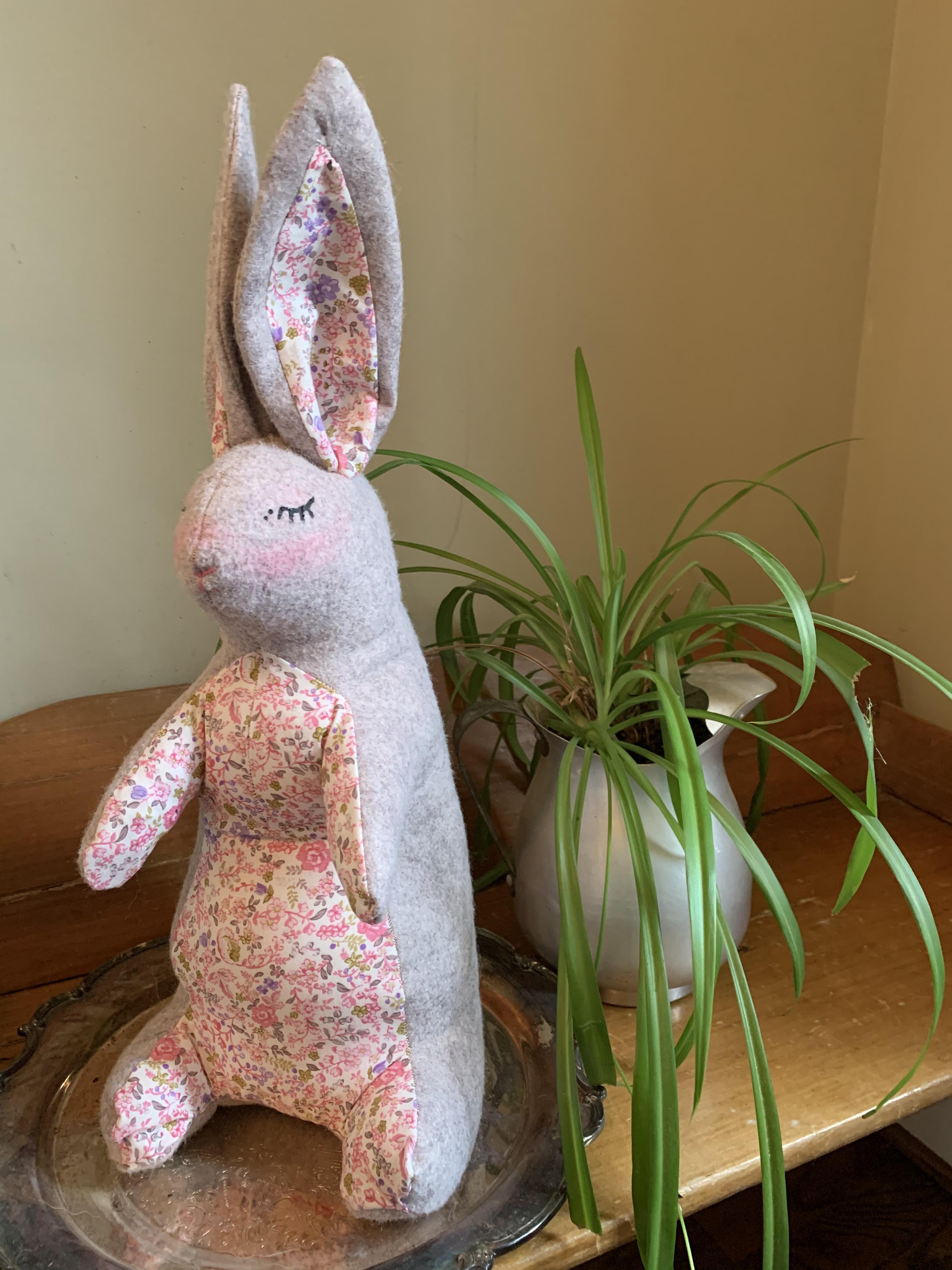 My bunny for a baby shower, I used the “Velveteen Rabbit” pattern from Unlikely Handmade. I was