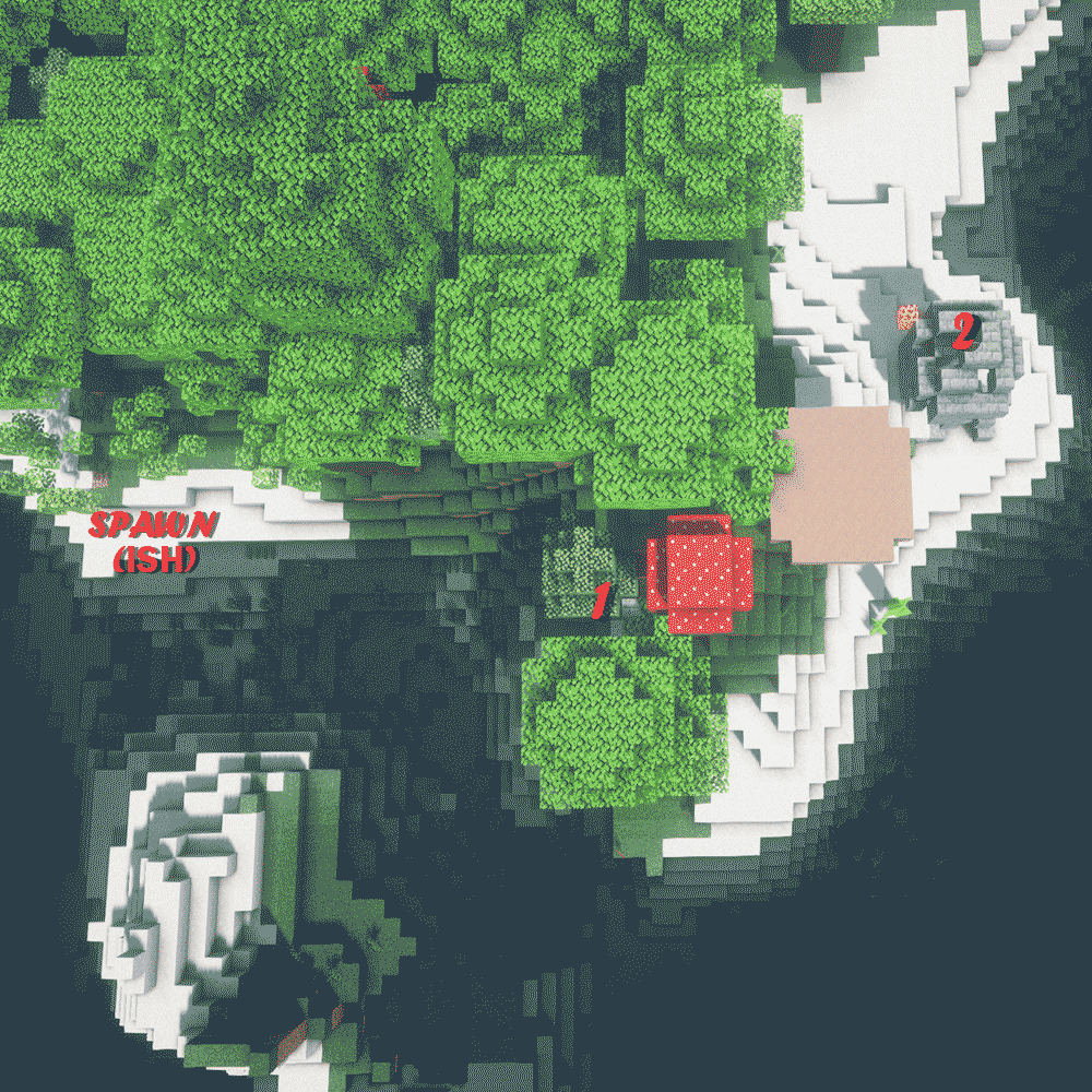 Dark oak forest spawn with two ruins next to it, no.1 has 2 chests in