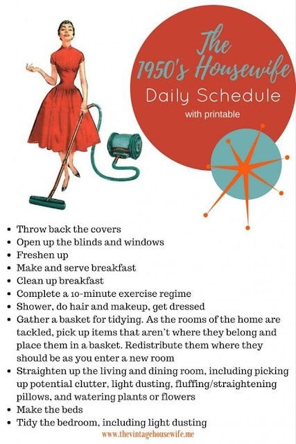 1950's Housewife Daily Schedule : r/housewifeeducation