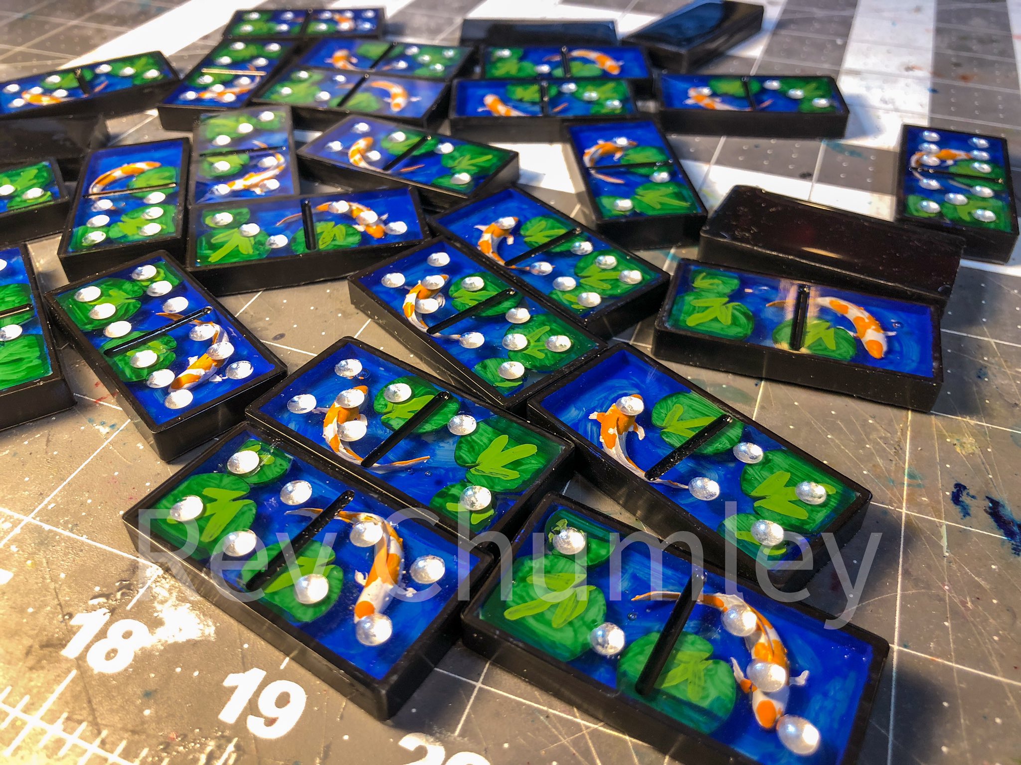 Koi Pond Dominoes (resin printed and hand painted diorama) inside resin