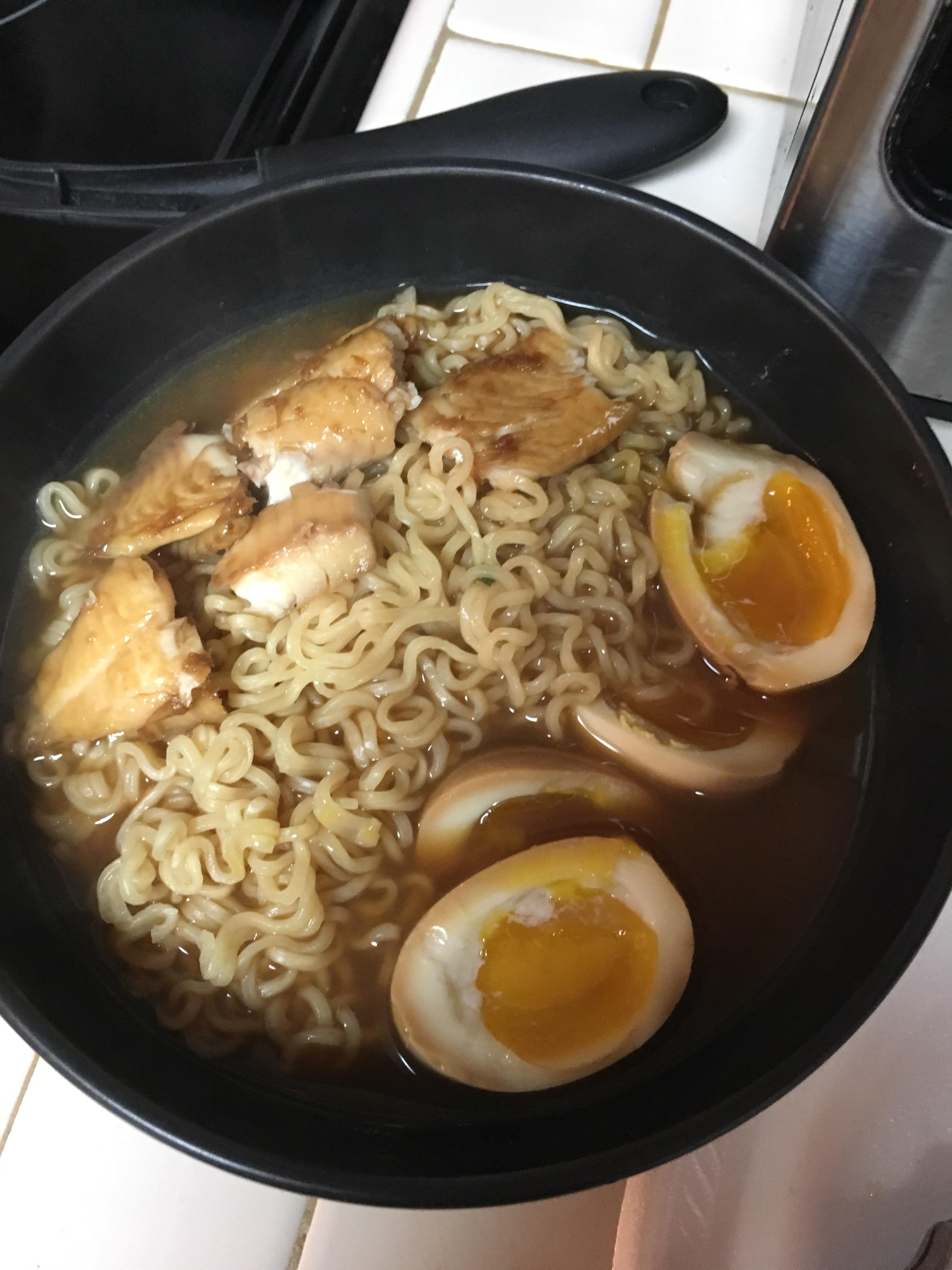 6 minutes eggs works. Soy sauce flavor instant with homemade eggs and a